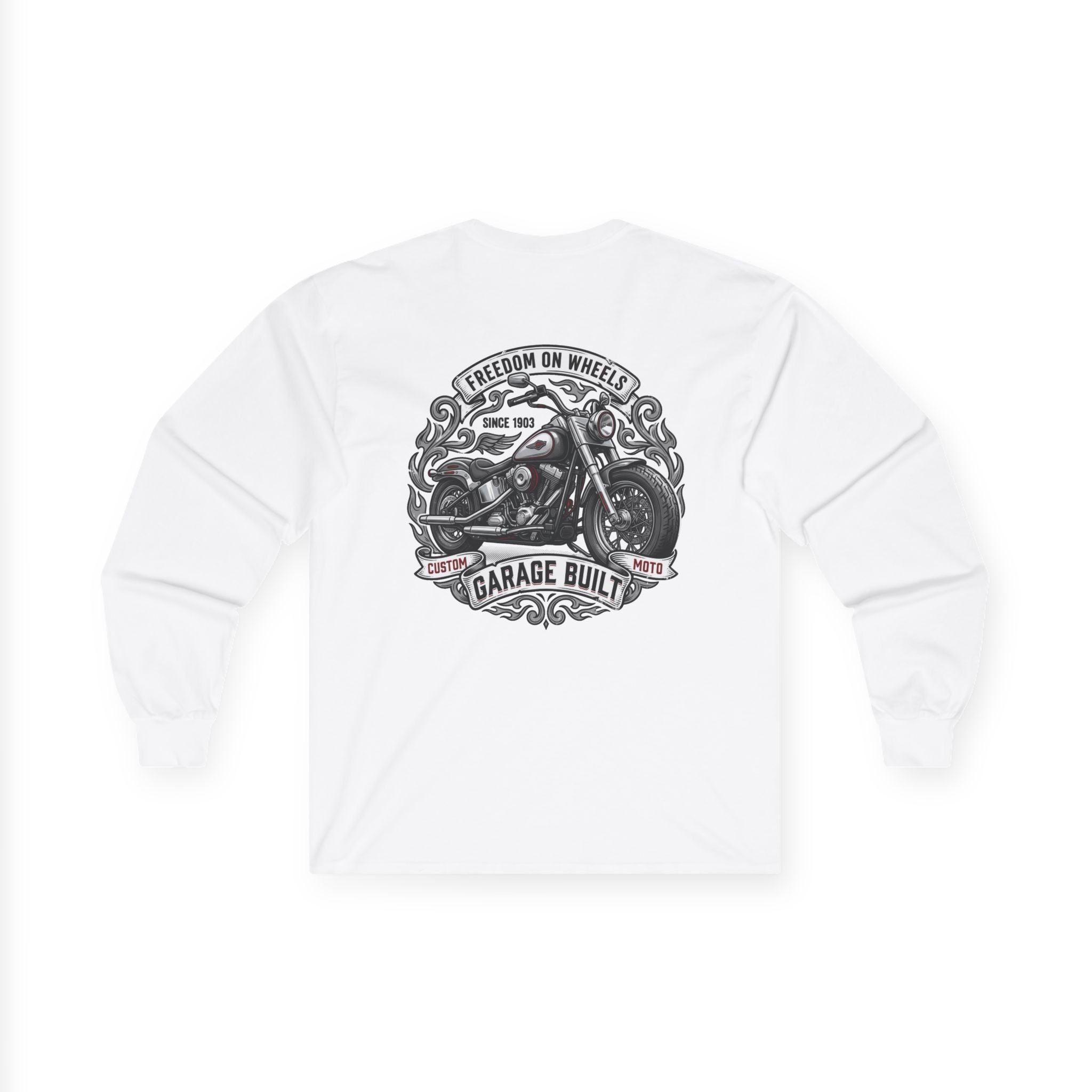 Motorcycle Garage Long Sleeve Tee — “Freedom on Wheels” Biker Shirt