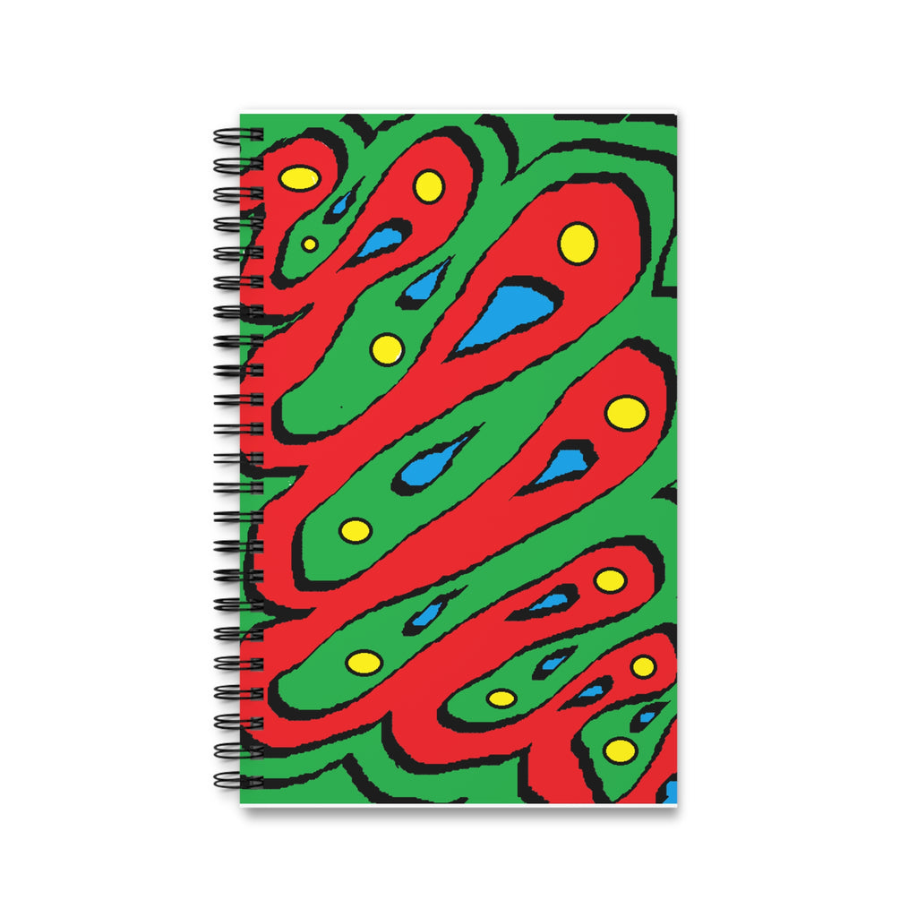 Abstract Colorful Spiral Journal — Bold Red & Green Patterned Notebook