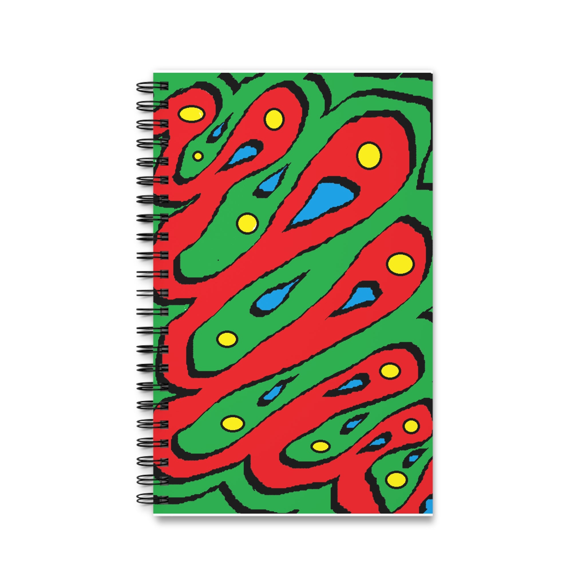 Abstract Colorful Spiral Journal — Bold Red & Green Patterned Notebook