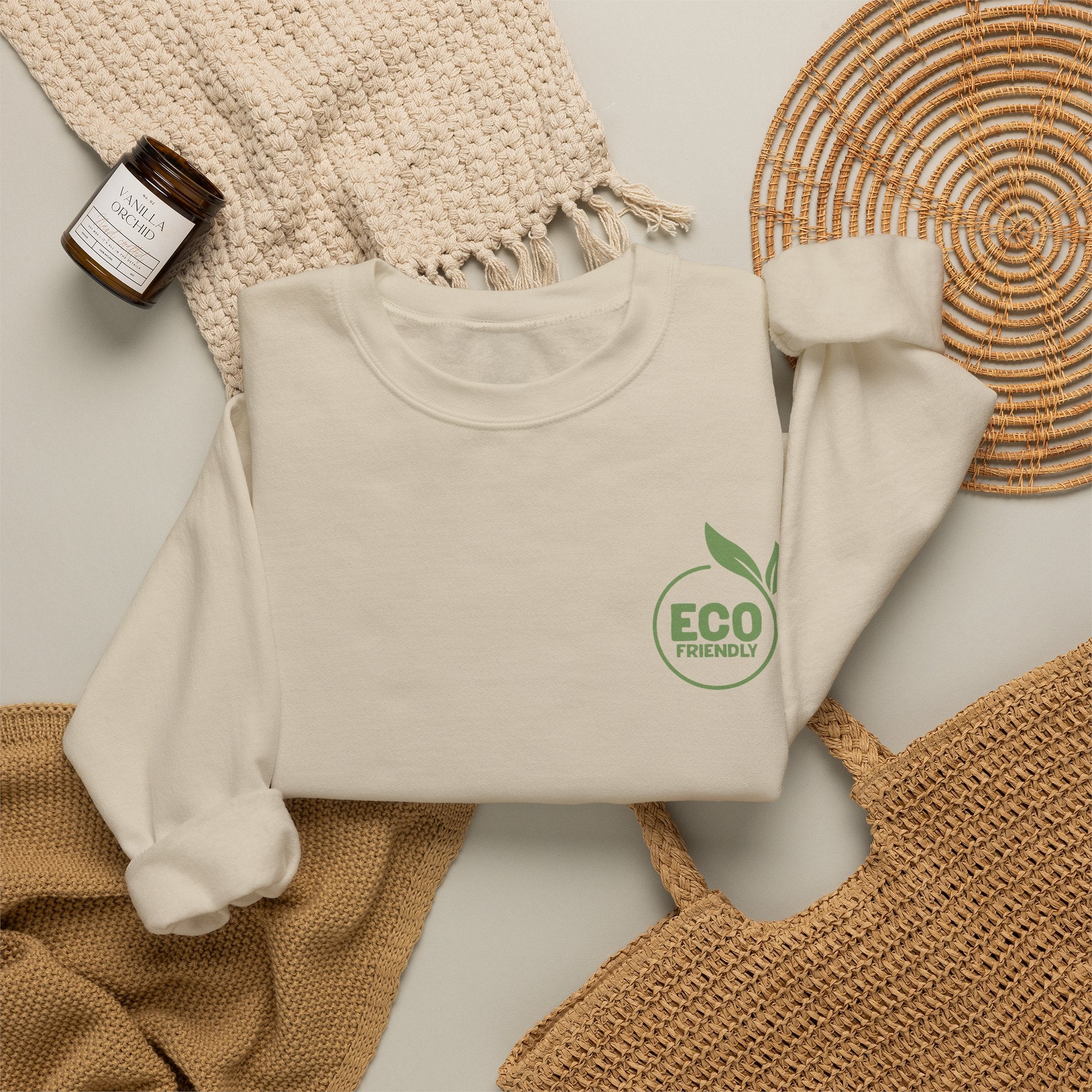 Eco Friendly Crewneck Sweatshirt — Small Green "ECO friendly" Logo