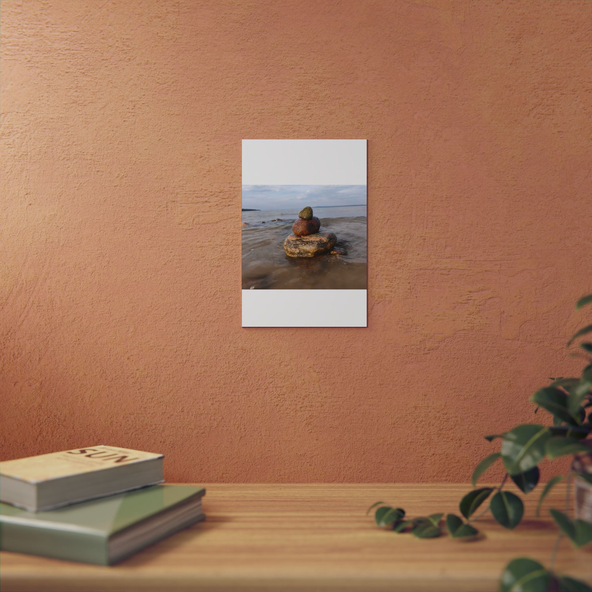 Stacked Beach Rocks Aluminum Panel Wall Art — Serene Coastal Zen Photo Print
