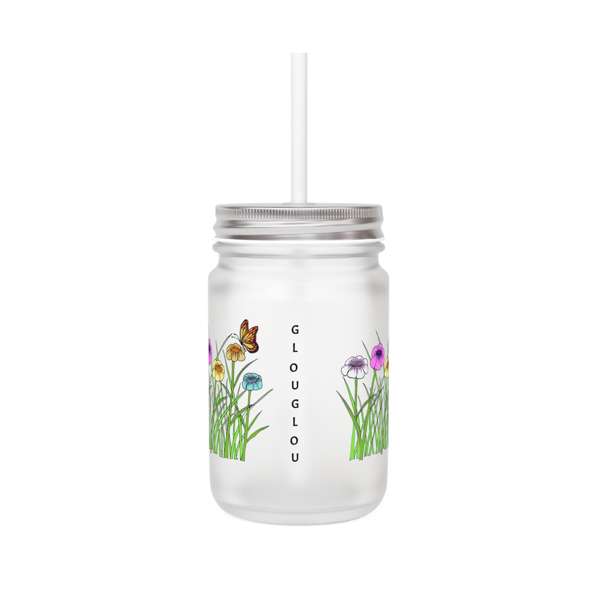 Floral Meadow Mason Jar Tumbler — Glass Mason Jar with Straw, Wildflower Garden Design