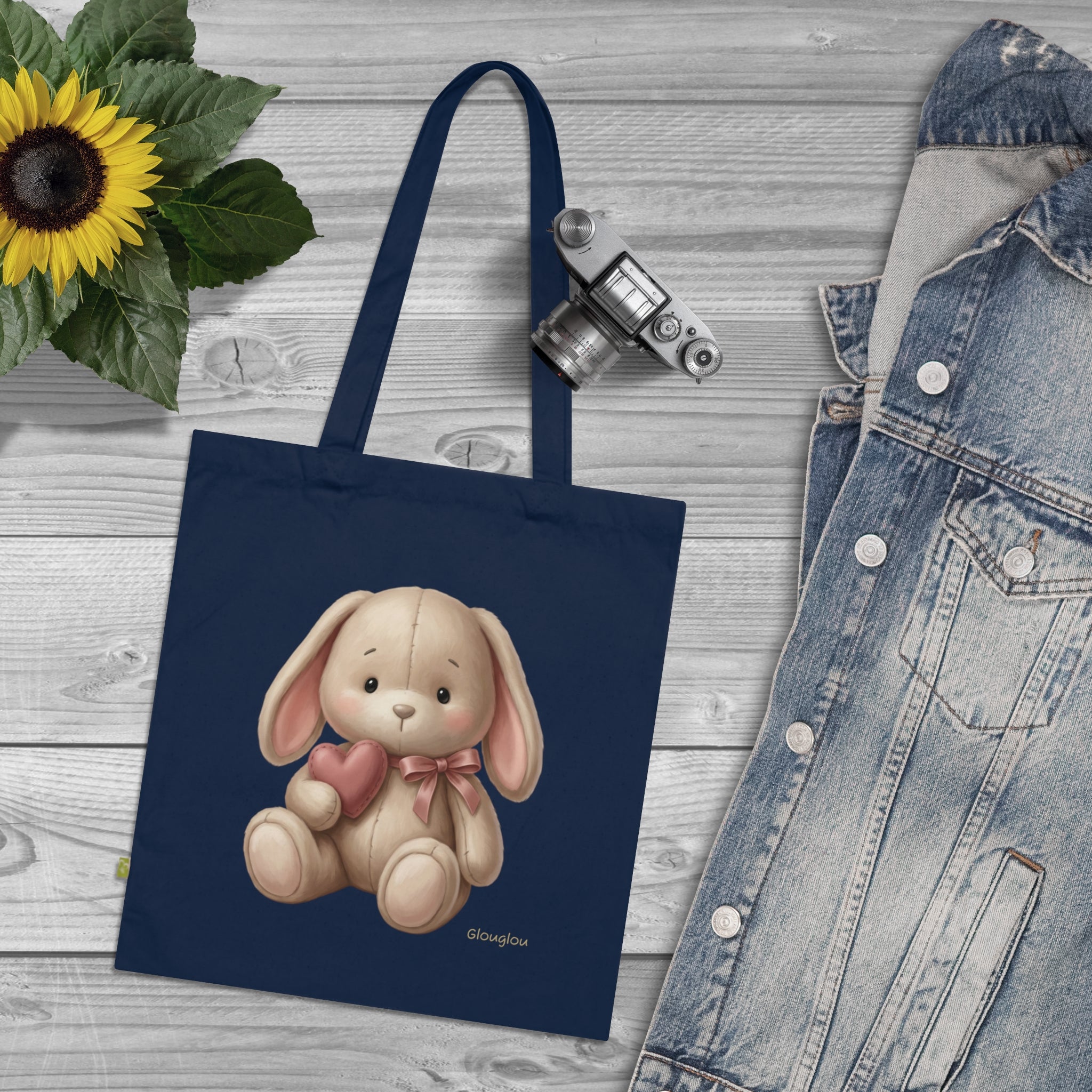 Navy Tote Bag with Cute Plush Bunny Illustration – Kid-Friendly Gift Tote