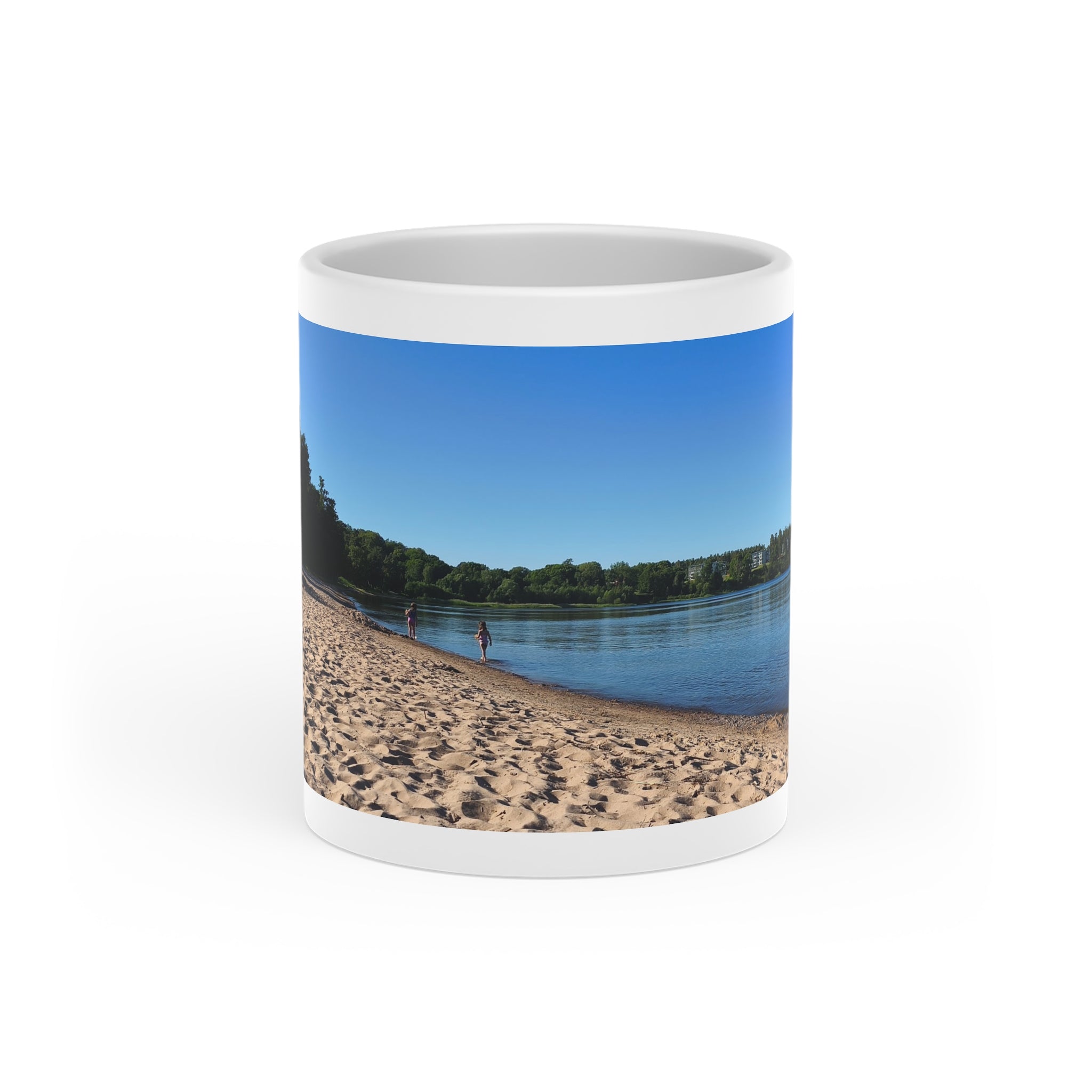 Scenic Lakeside Beach Mug — Sunrise Shore Photo Coffee Cup