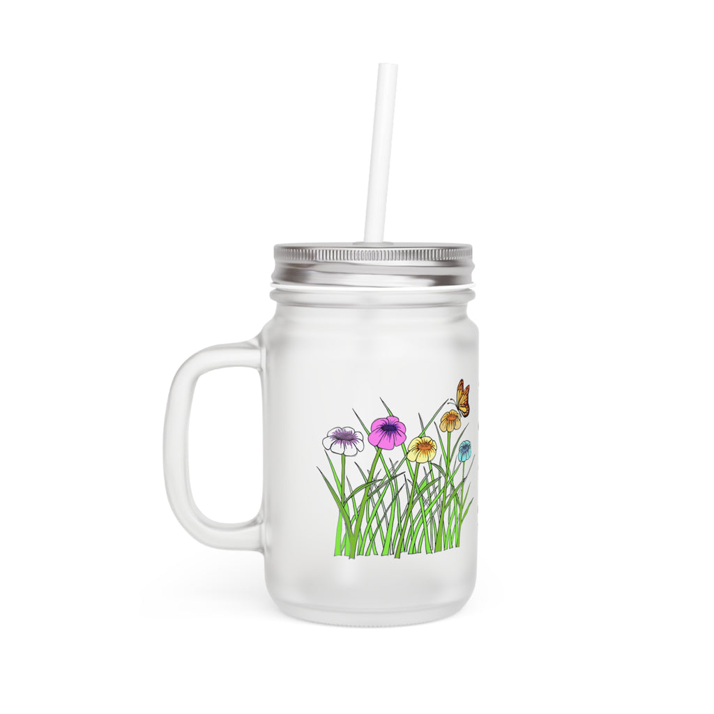 Floral Meadow Mason Jar Tumbler — Glass Mason Jar with Straw, Wildflower Garden Design