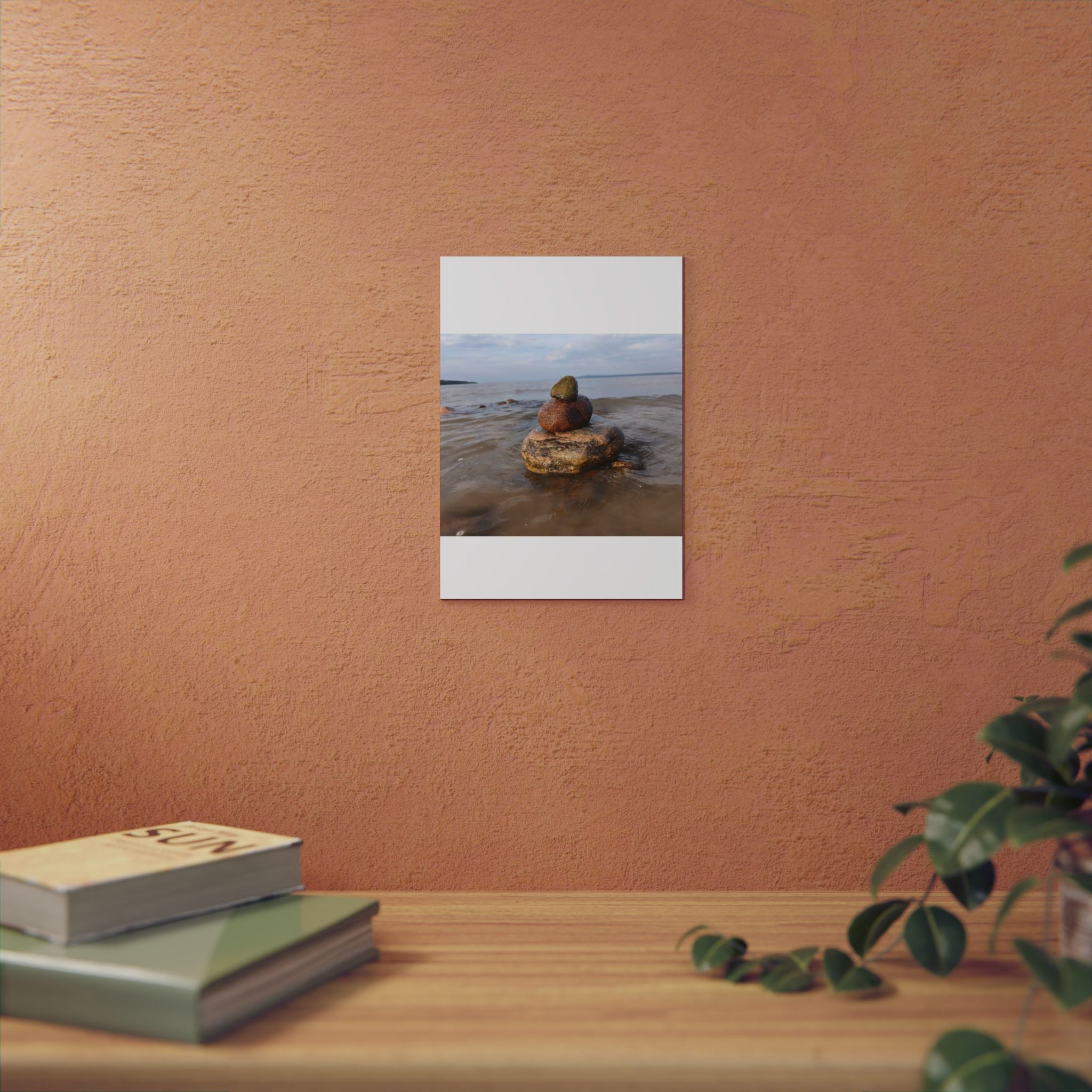 Stacked Beach Rocks Aluminum Panel Wall Art — Serene Coastal Zen Photo Print