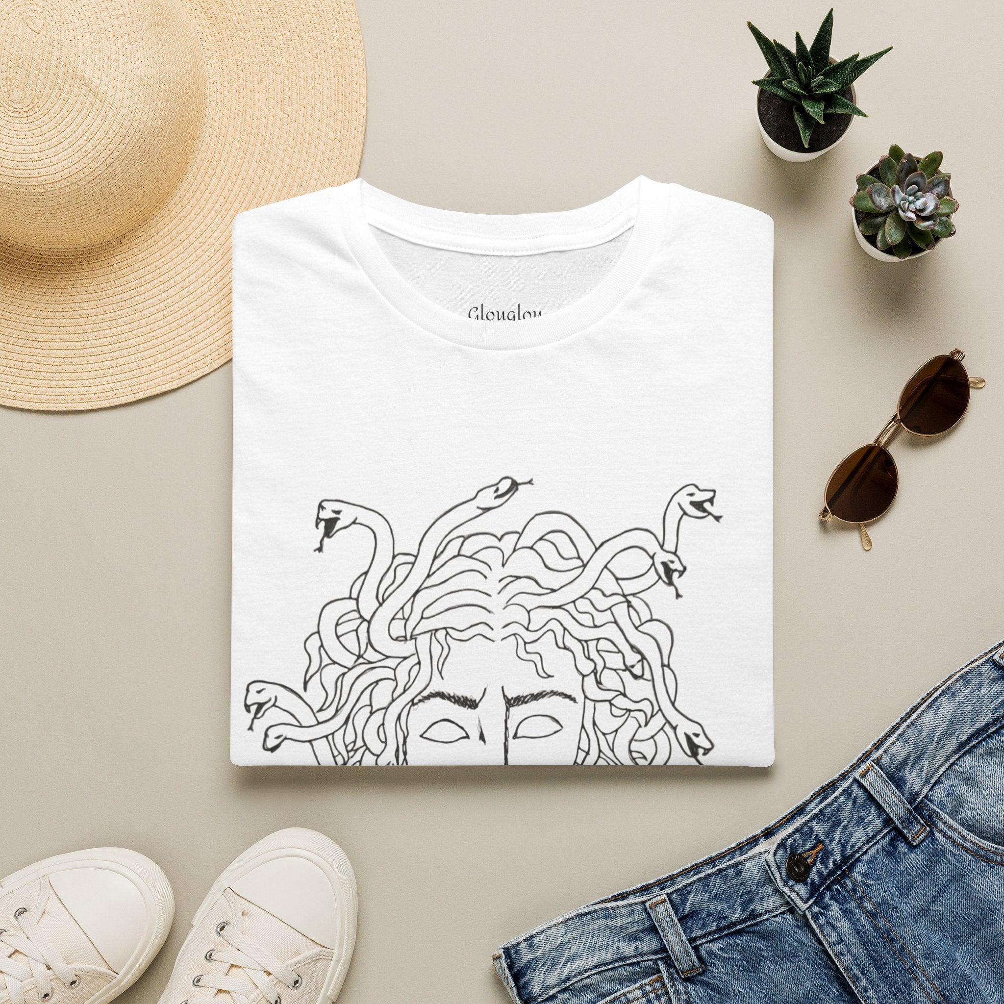 Medusa Line Art T-Shirt | Mythology Snake Hair Illustration