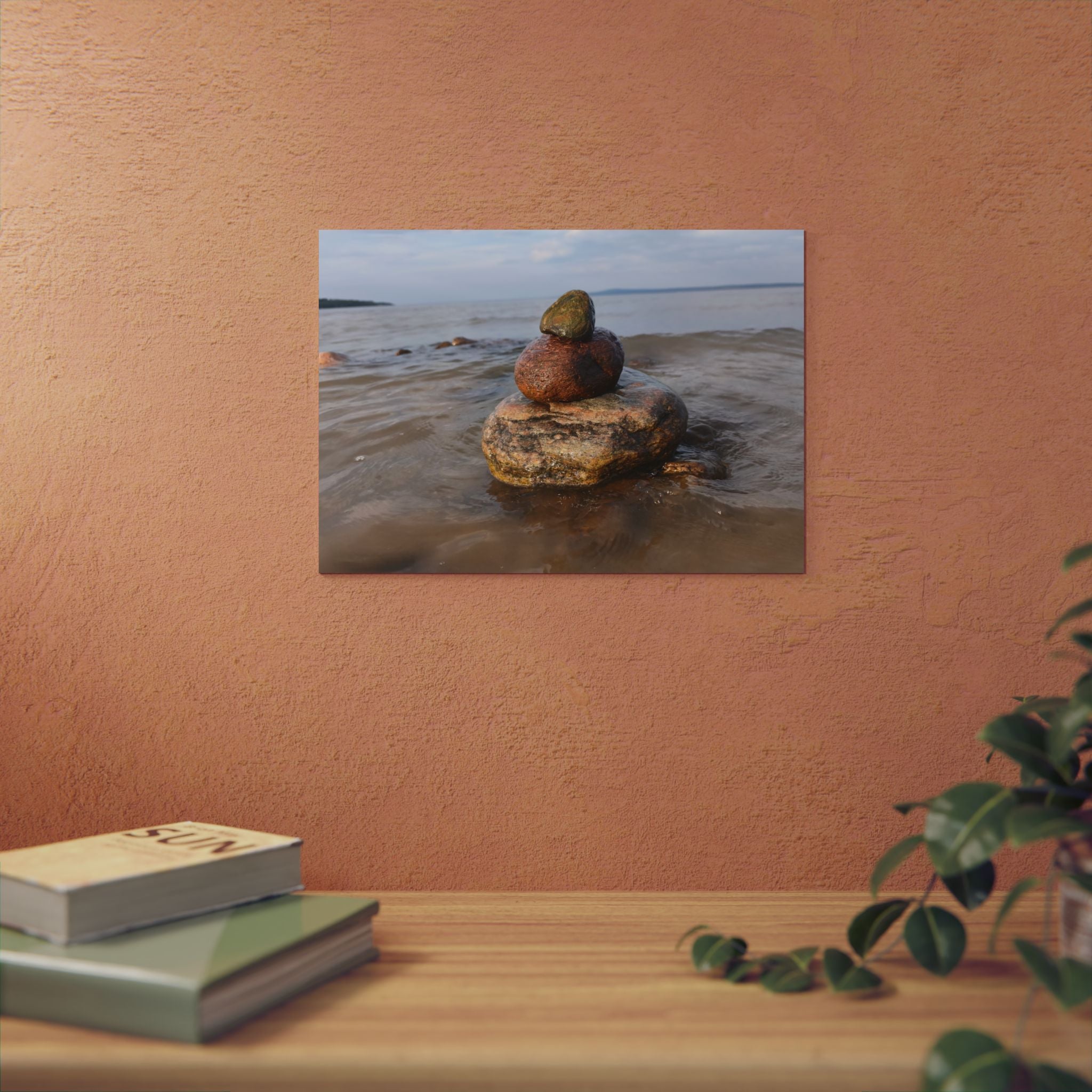Stacked Beach Rocks Aluminum Panel Wall Art — Serene Coastal Zen Photo Print