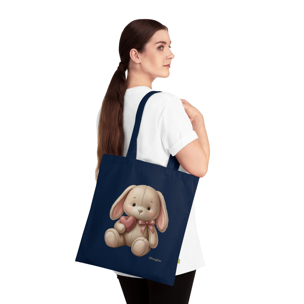 Navy Tote Bag with Cute Plush Bunny Illustration – Kid-Friendly Gift Tote
