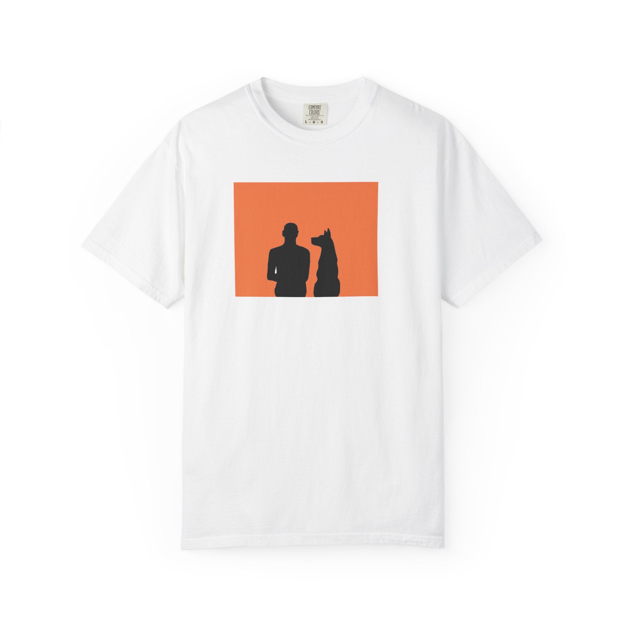 Silhouette Duo T-Shirt — Man and Dog Orange Panel Graphic Tee