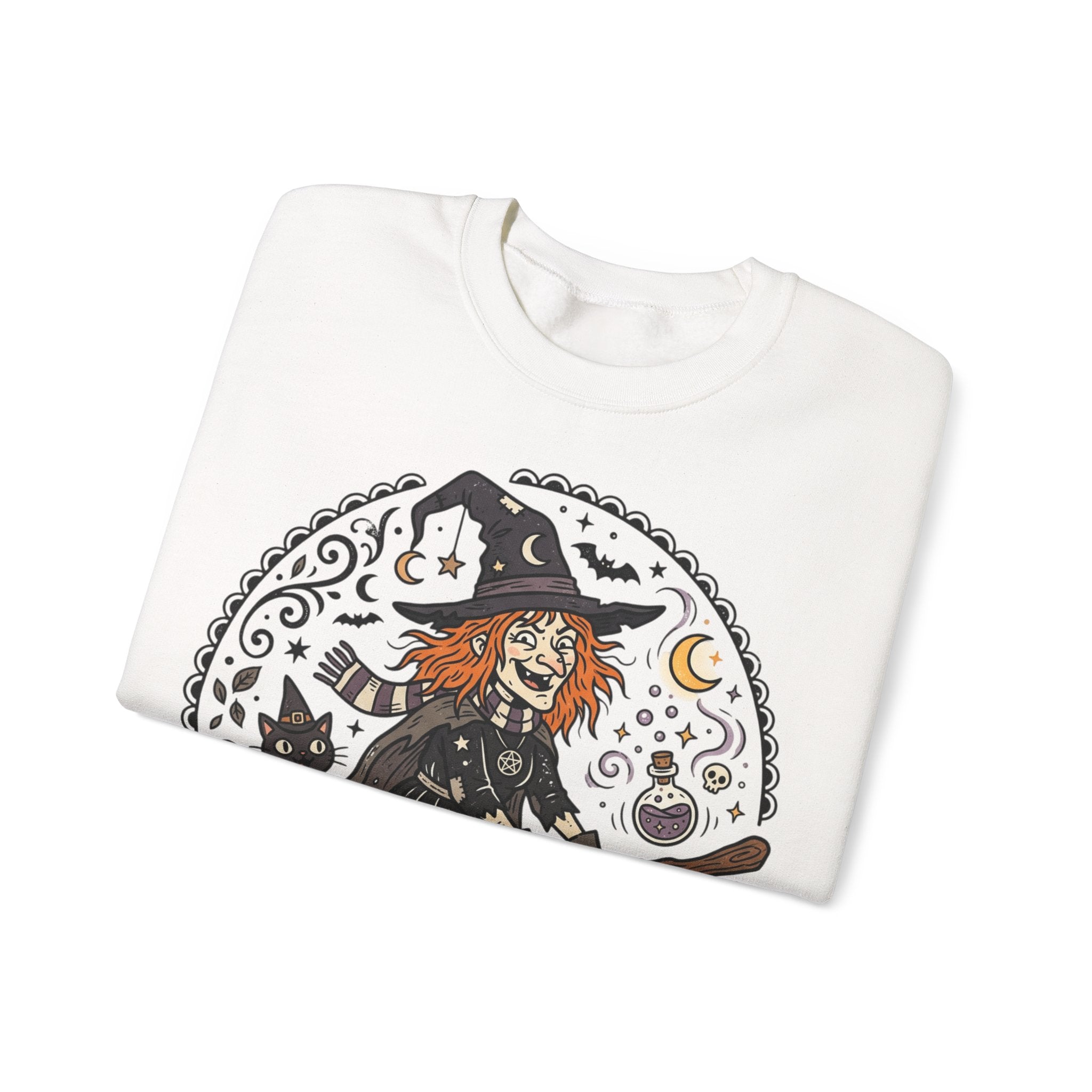 Witch & Black Cat Crewneck Sweatshirt — Halloween Witch Broom Graphic