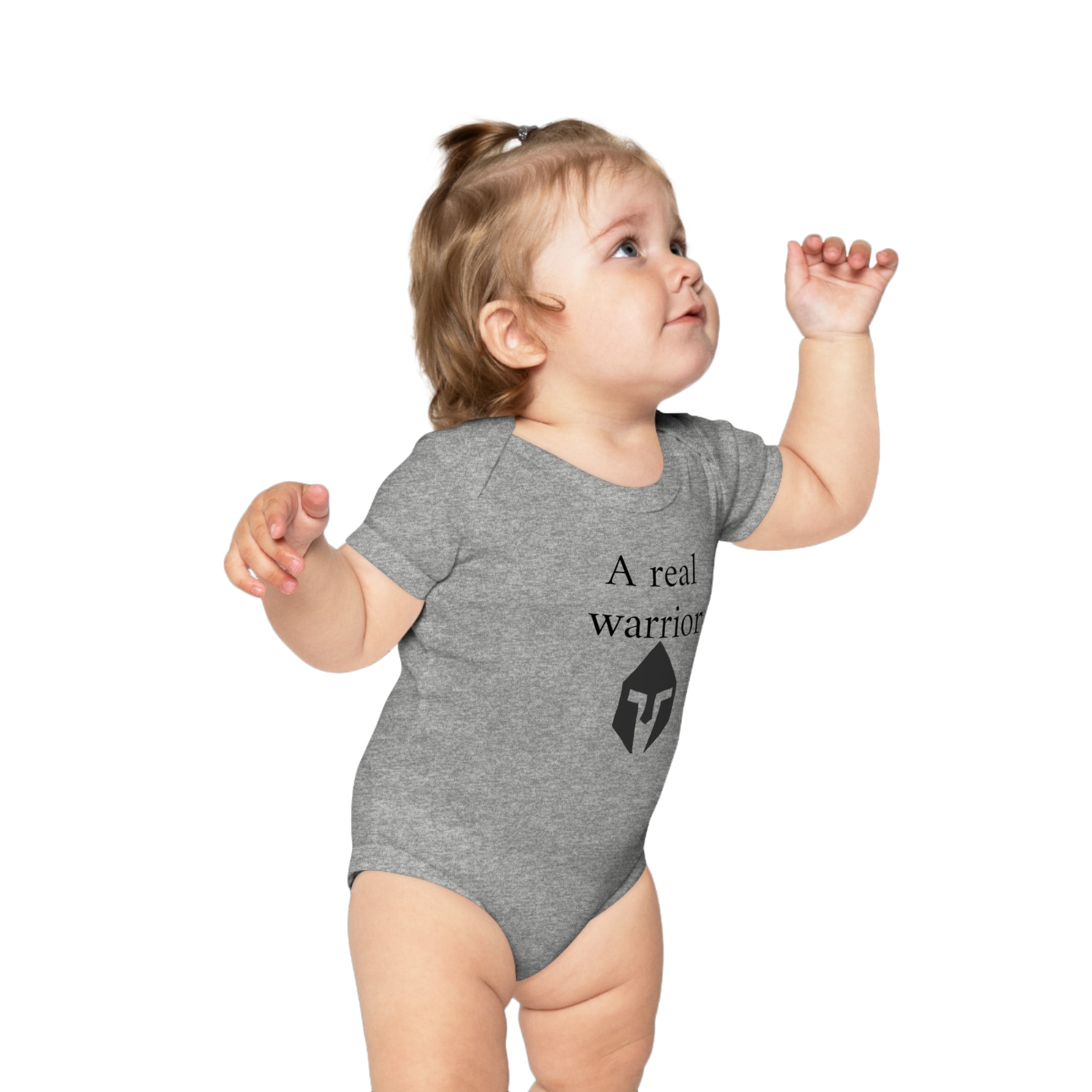 Baby Bodysuit “A Real Warrior” – Infant Onesie with Spartan Helmet Design