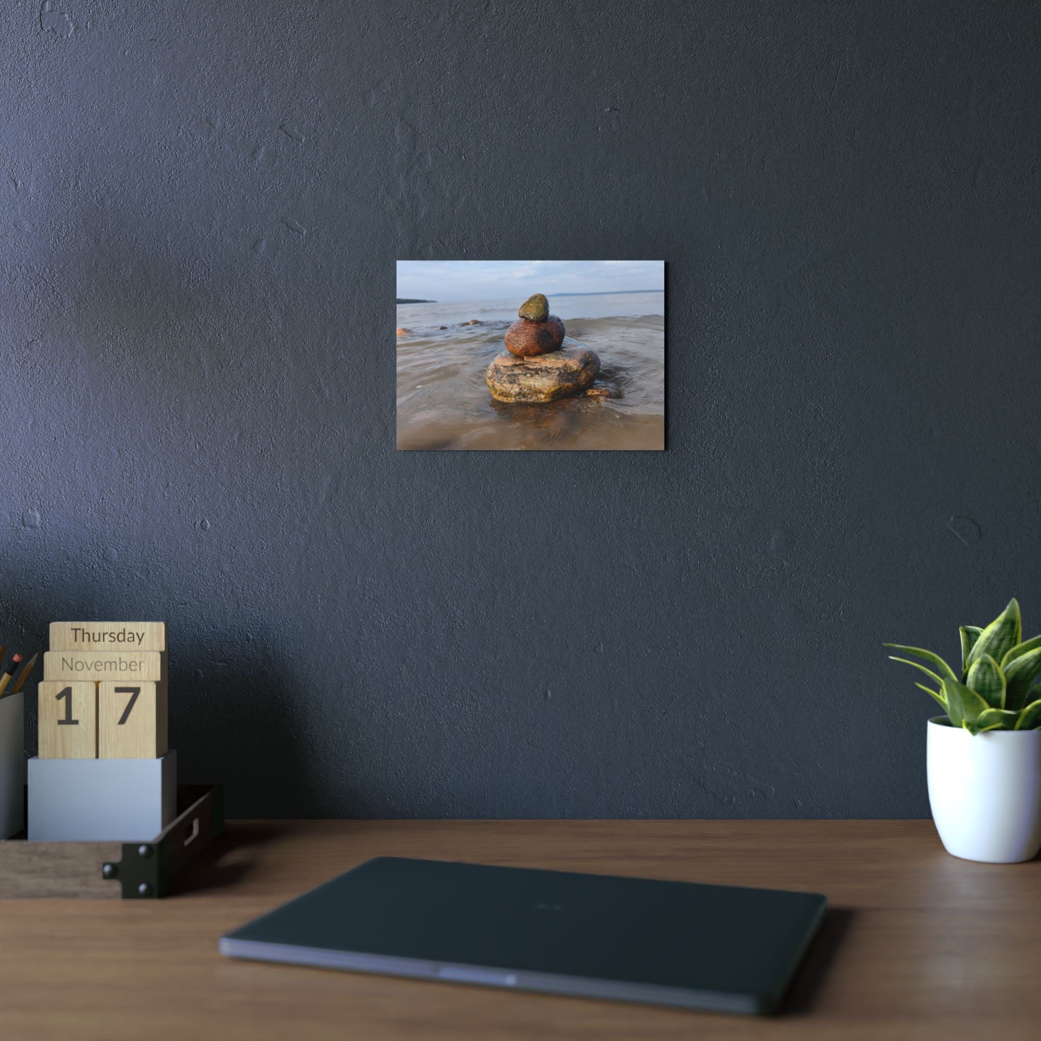 Stacked Beach Rocks Aluminum Panel Wall Art — Serene Coastal Zen Photo Print