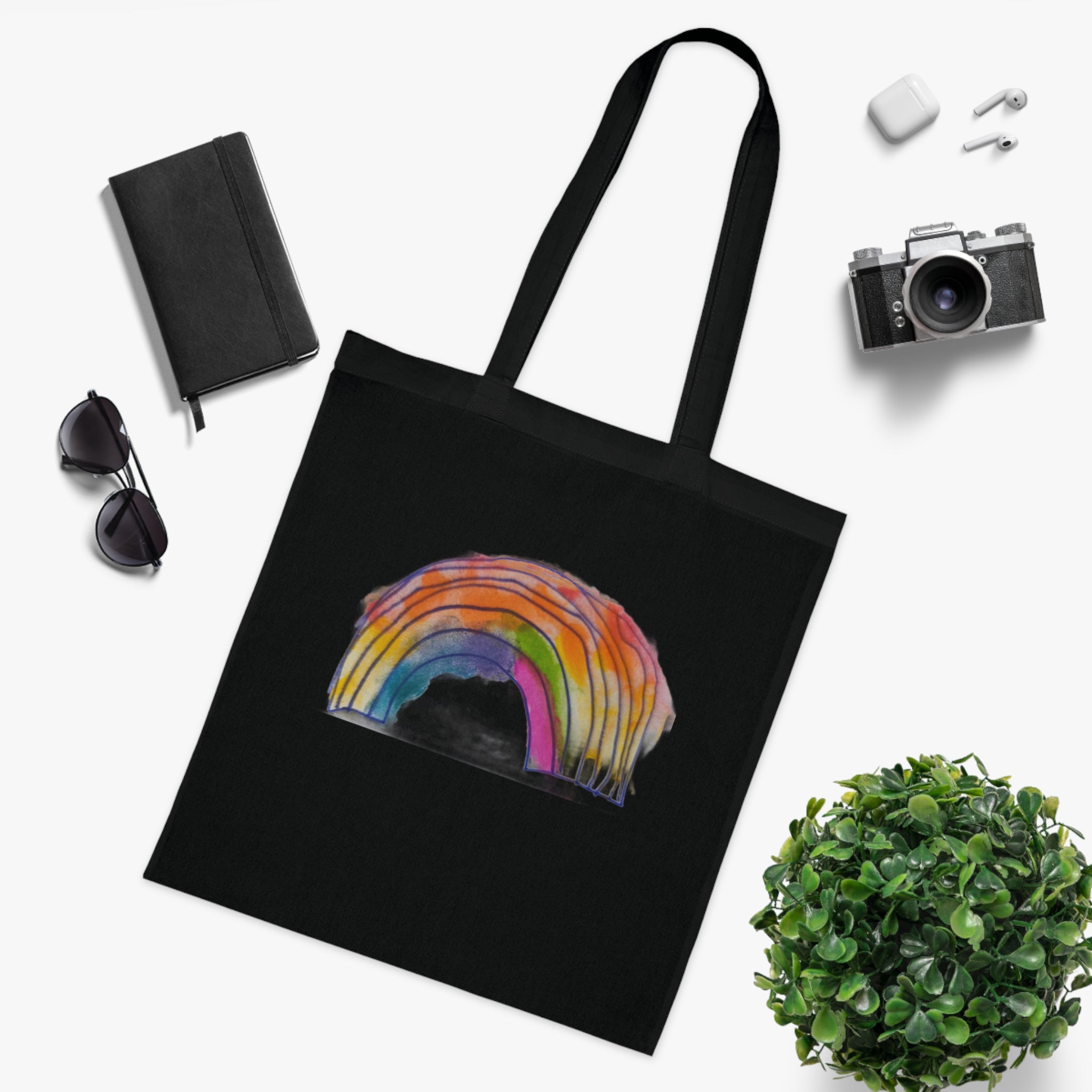Watercolor Rainbow Cotton Tote Bag — Colorful Hand-Painted Grocery & Everyday Market Tote