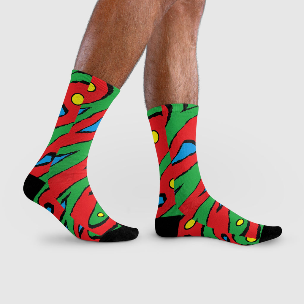 Abstract Colorful Swirl Crew Socks – Bold Red, Green & Blue Sublimation Design