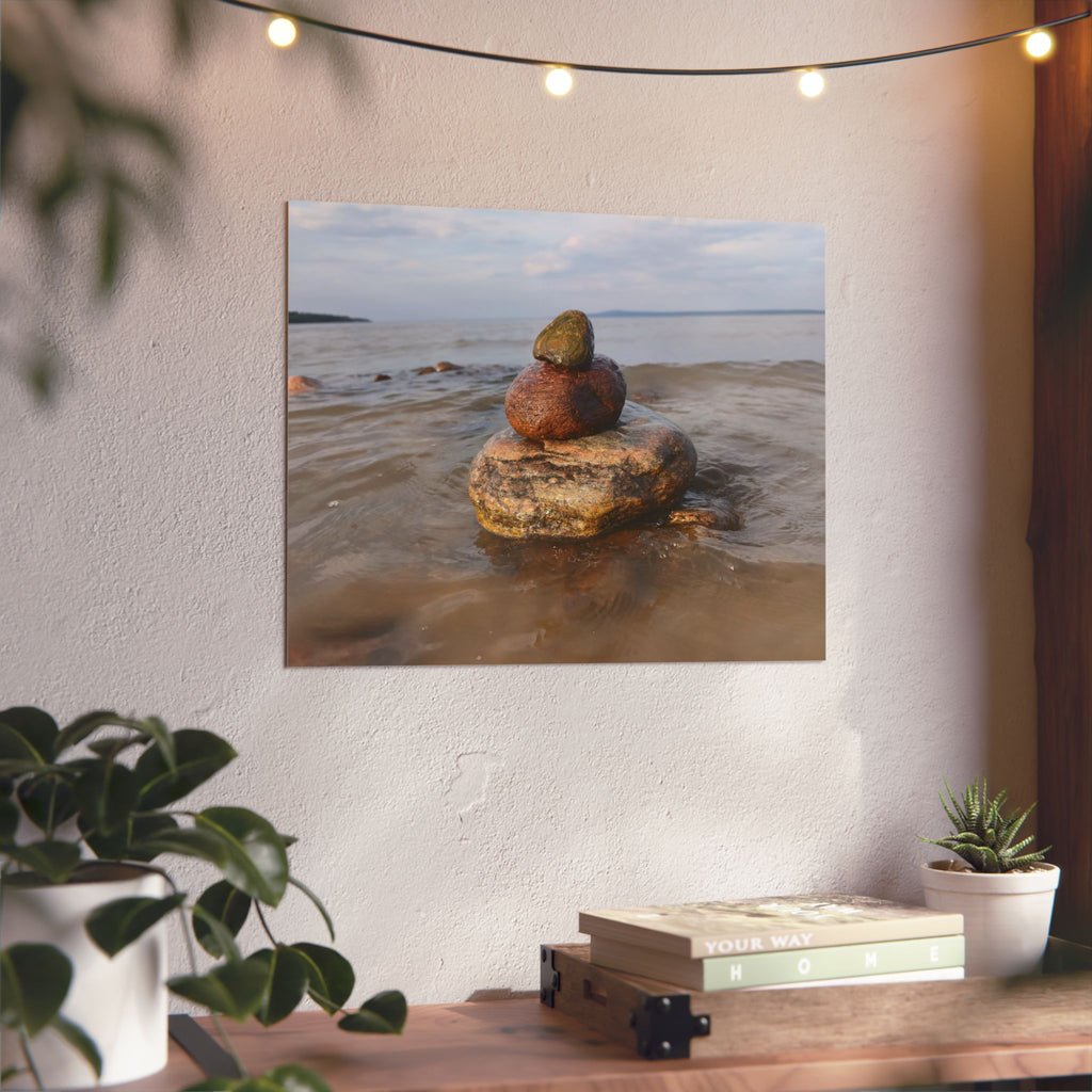 Stacked Beach Rocks Aluminum Panel Wall Art — Serene Coastal Zen Photo Print
