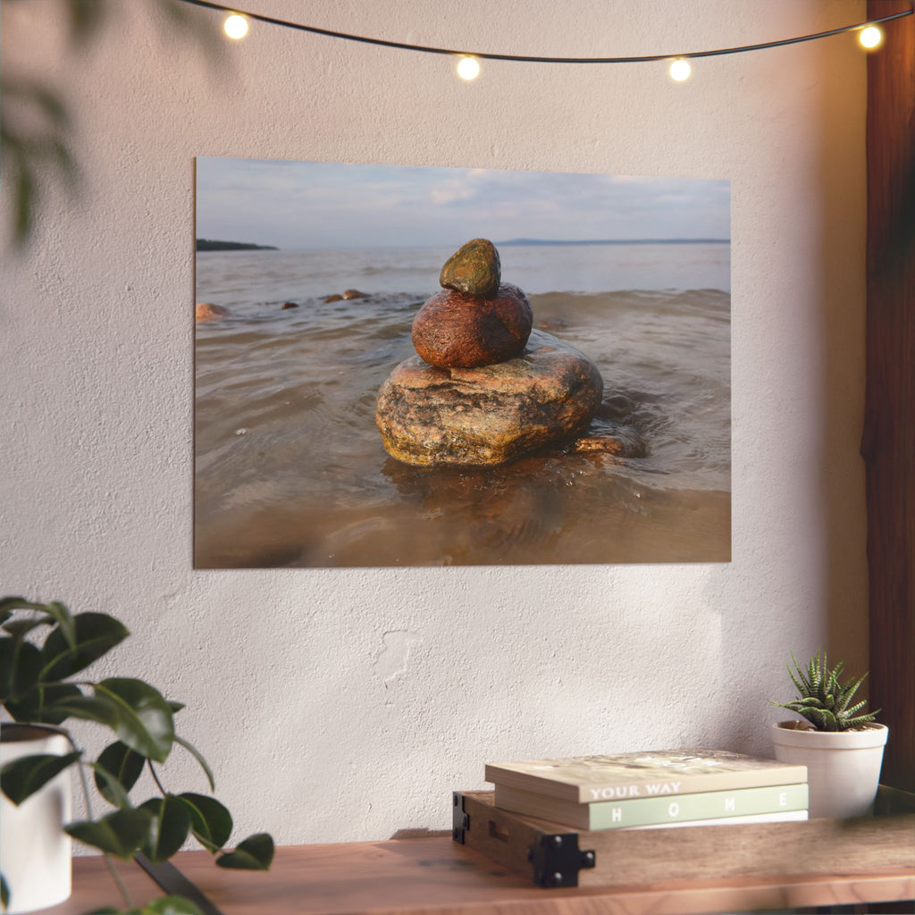 Stacked Beach Rocks Aluminum Panel Wall Art — Serene Coastal Zen Photo Print