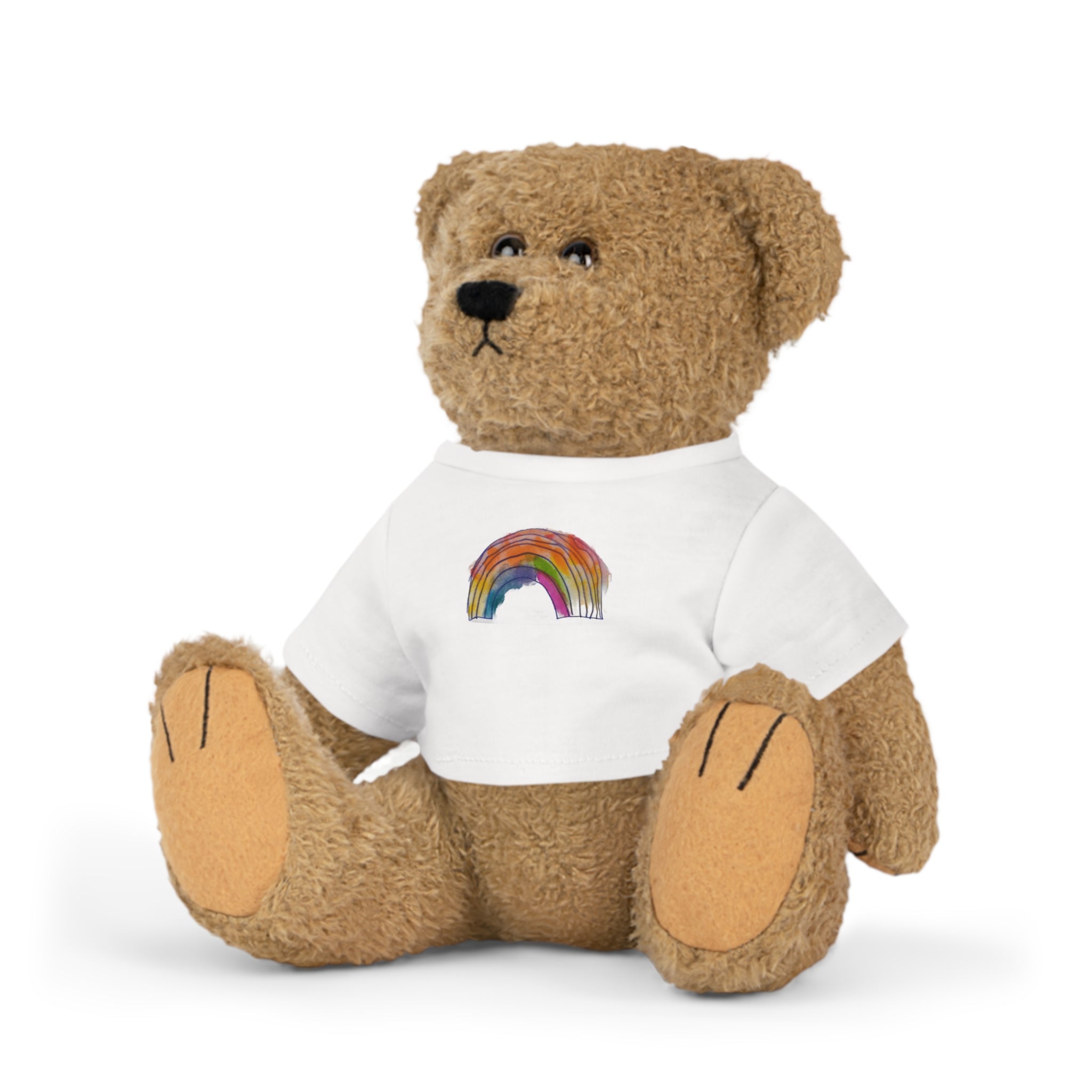 Rainbow Heart Teddy Plush with White T‑Shirt — Cute Rainbow Design Stuffed Bear Gift