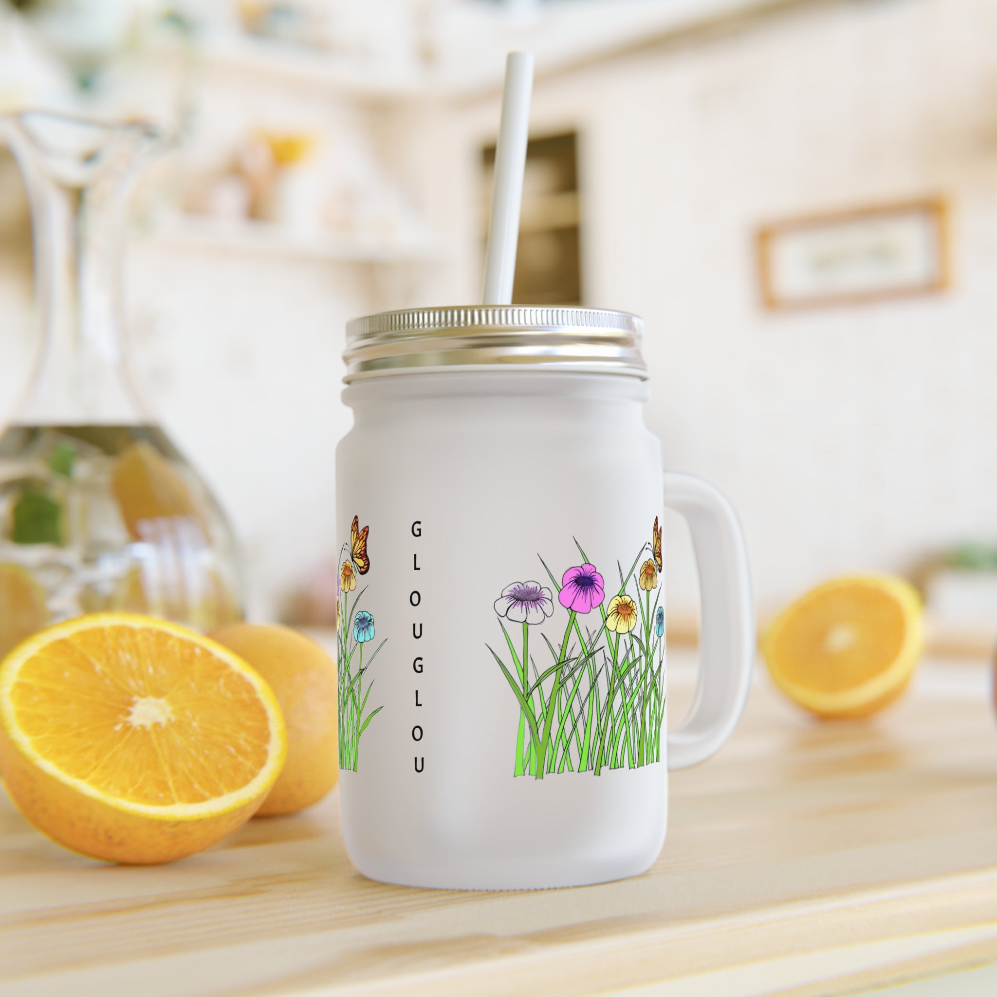 Floral Meadow Mason Jar Tumbler — Glass Mason Jar with Straw, Wildflower Garden Design
