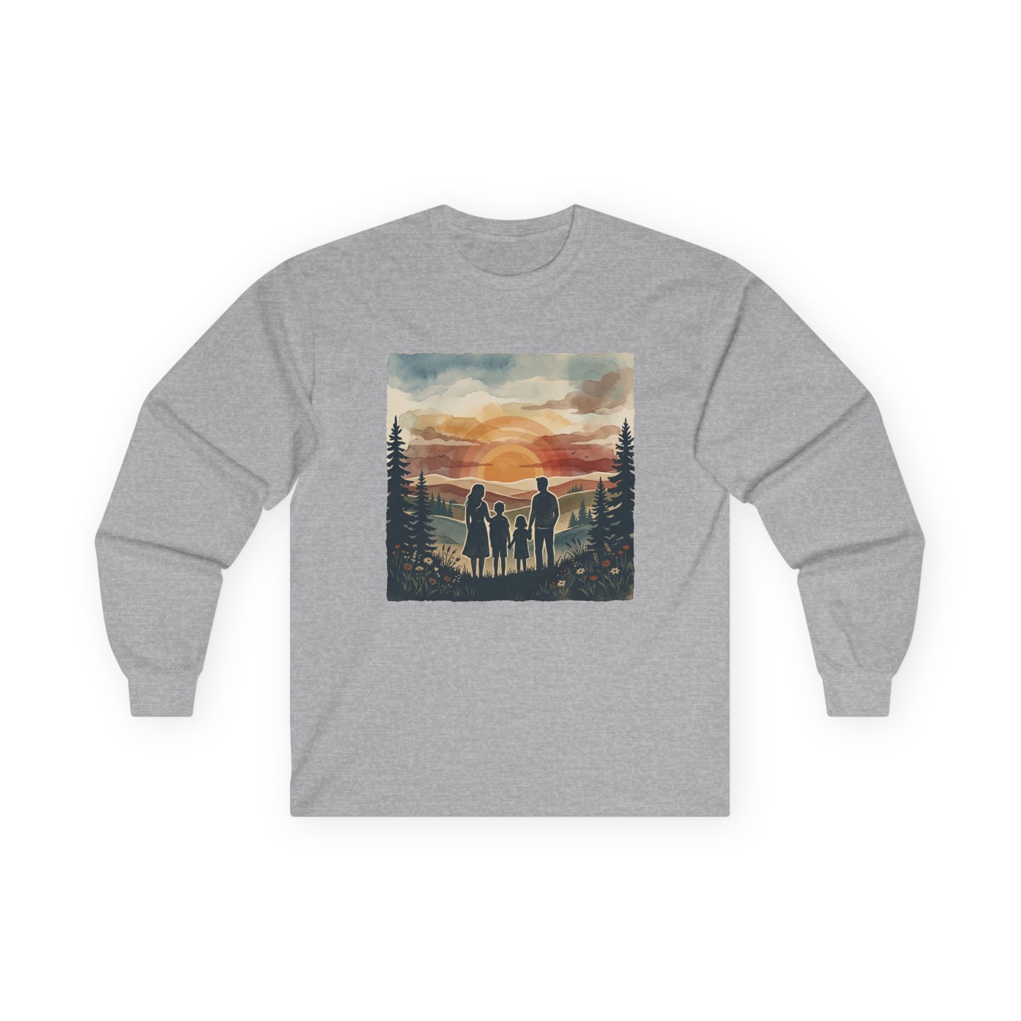 Family Camping Sunset Long Sleeve Tee — Silhouette Outdoor Graphic Shirt