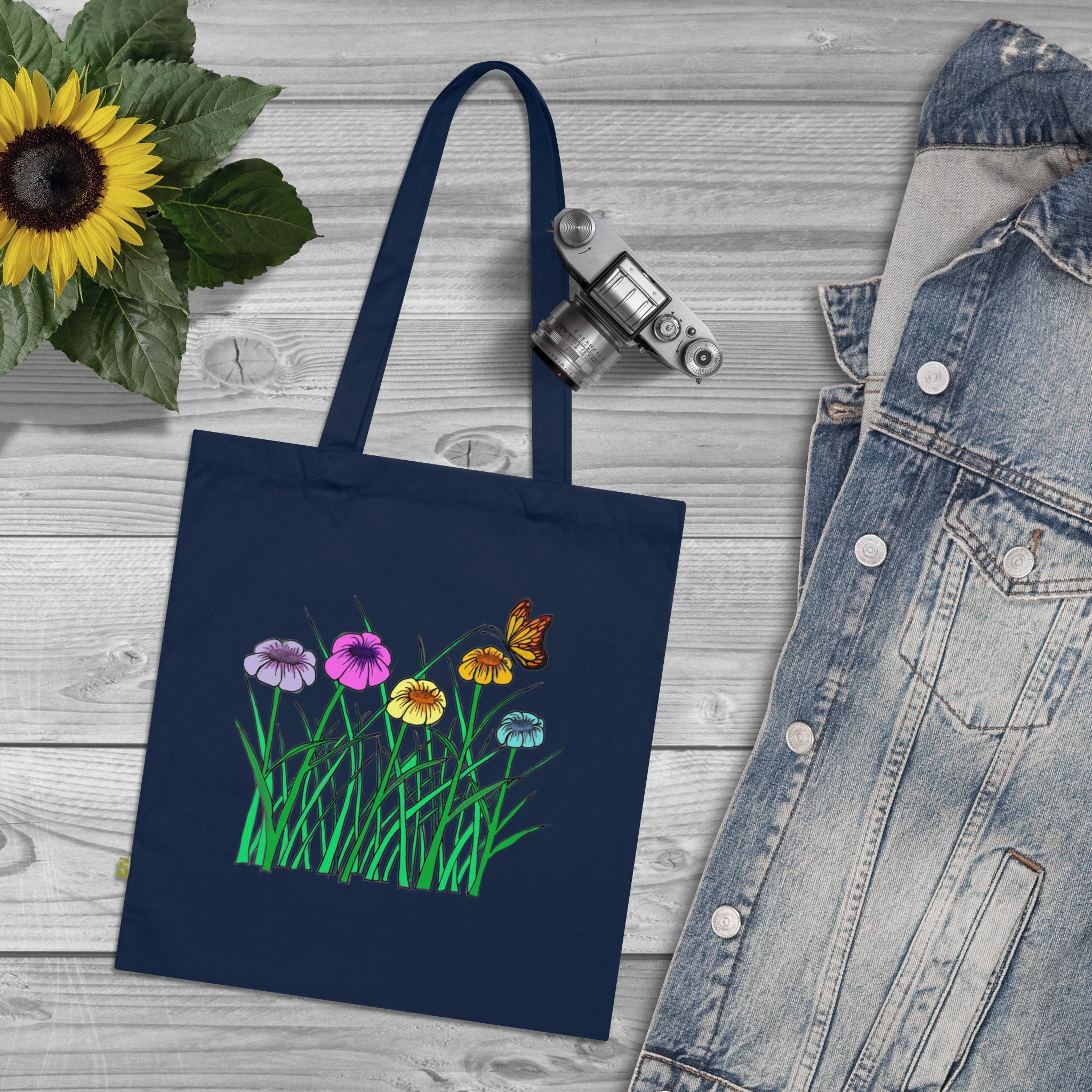 Floral Meadow Tote Bag — Colorful Wildflowers & Butterfly Organic Cotton Tote