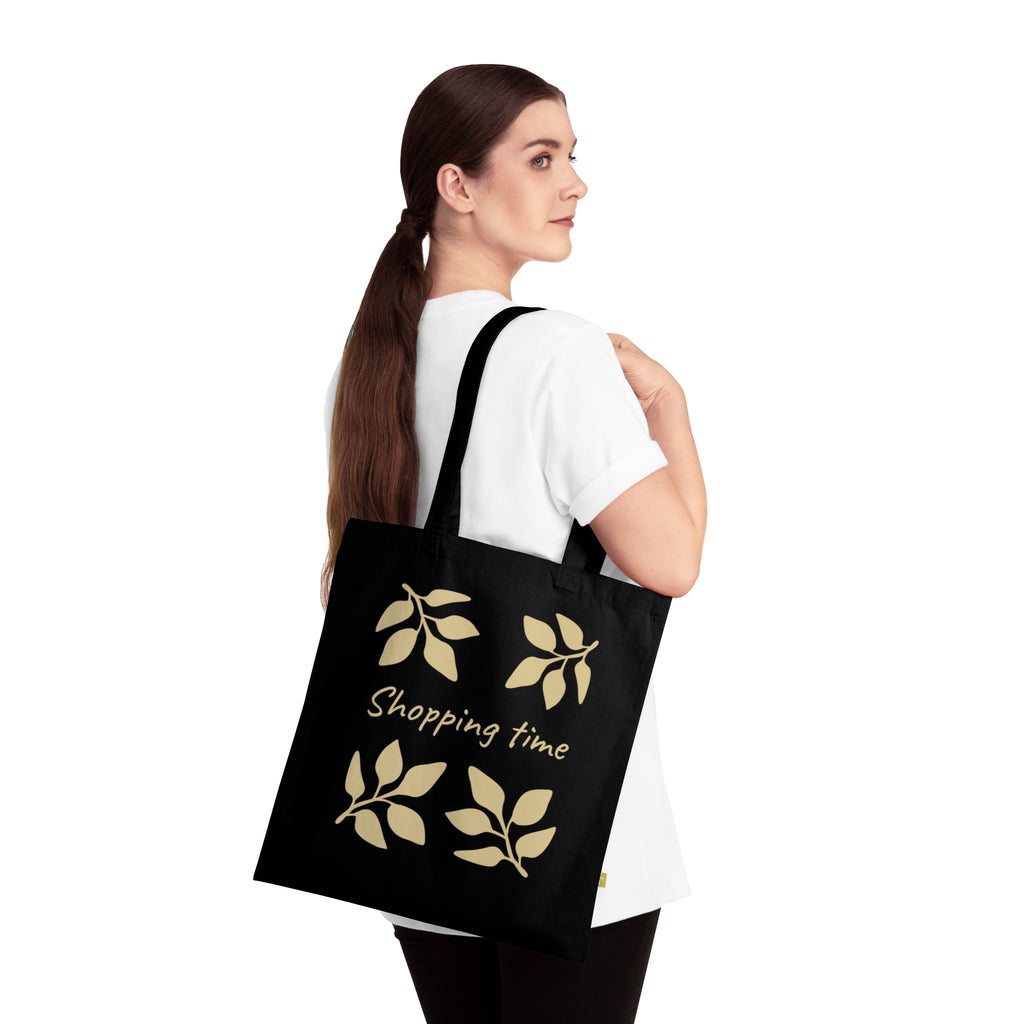 Shopping Time Organic Cotton Tote — Eco-Friendly Reusable Grocery Bag with Leaf Design