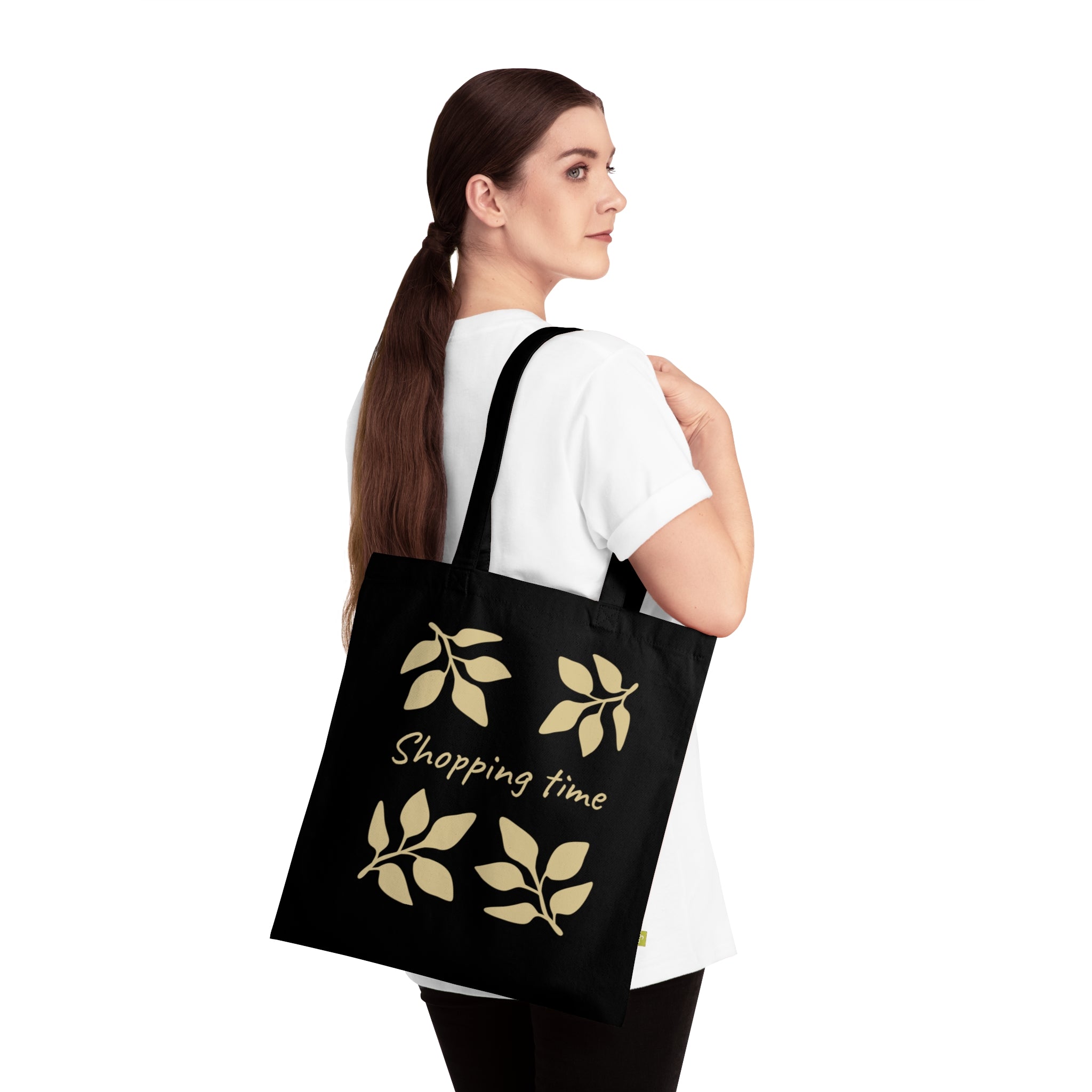 Shopping Time Organic Cotton Tote — Eco-Friendly Reusable Grocery Bag with Leaf Design