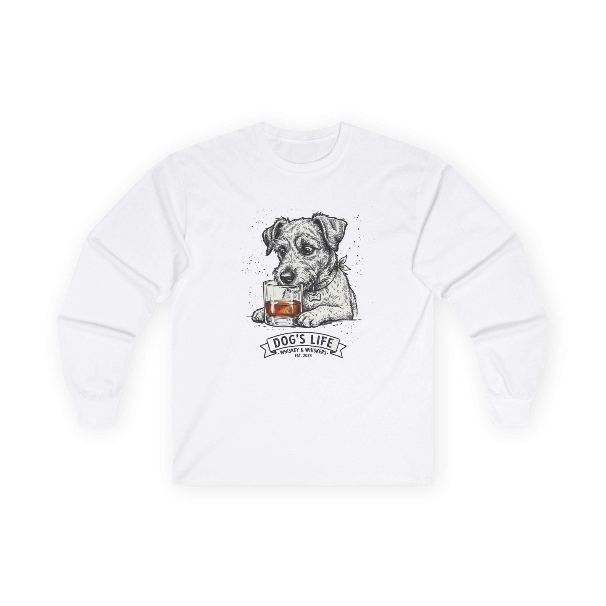 Long Sleeve Tee — "Dog's Life" Jack Russell & Whiskey Graphic
