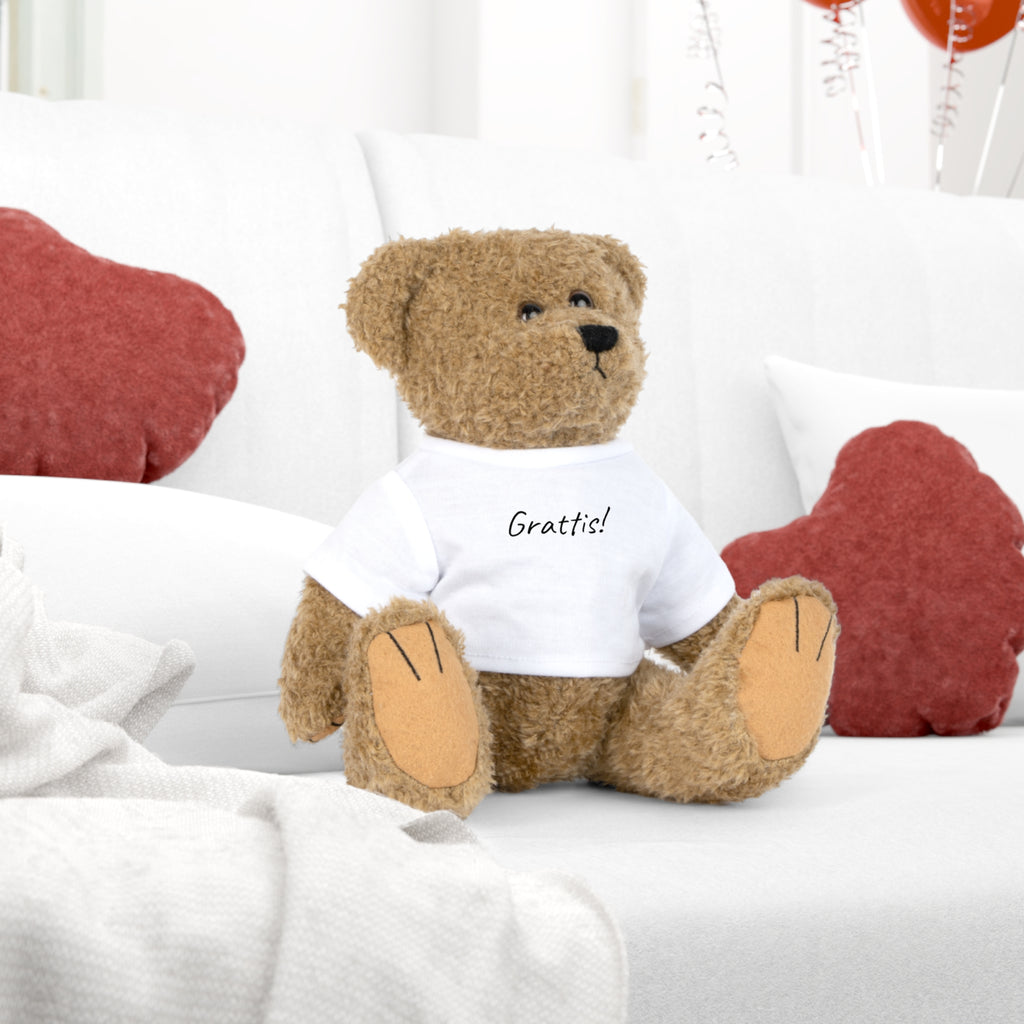 Teddy Bear Plush — 'Grattis!' Printed Tee (Cute Congratulations Gift)