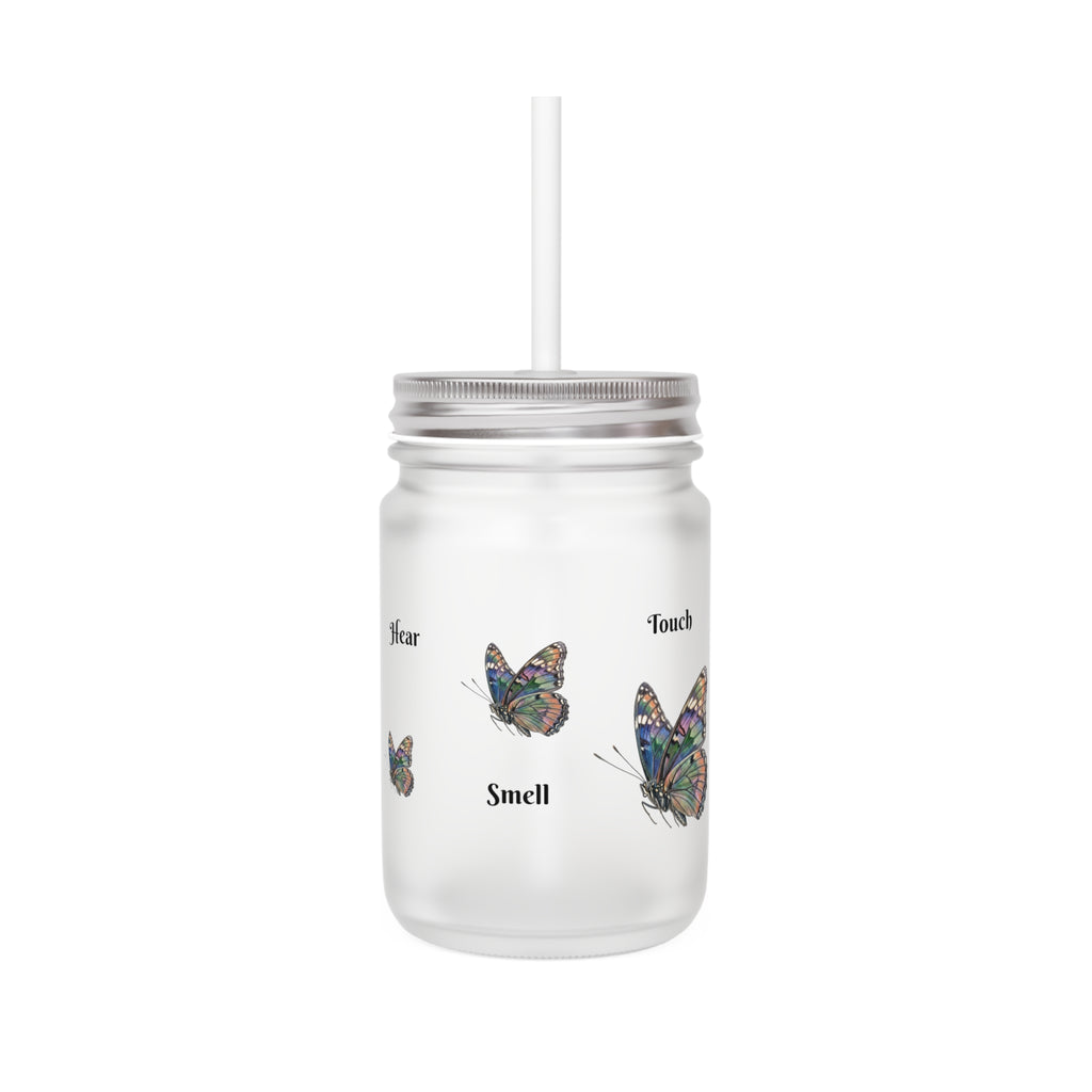 Butterfly Mason Jar Tumbler – Frosted Glass Jar with Colorful Butterfly Design