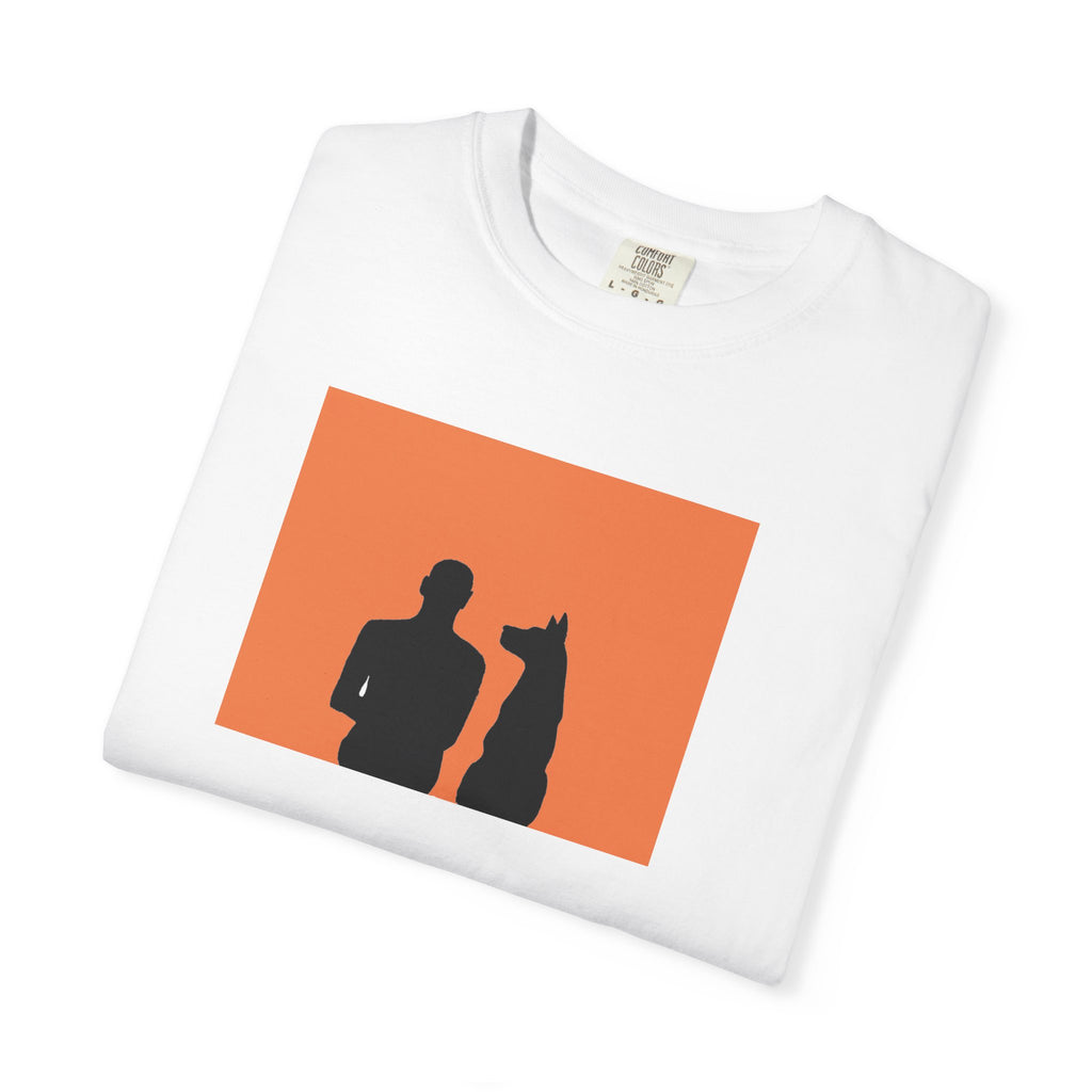 Silhouette Duo T-Shirt — Man and Dog Orange Panel Graphic Tee