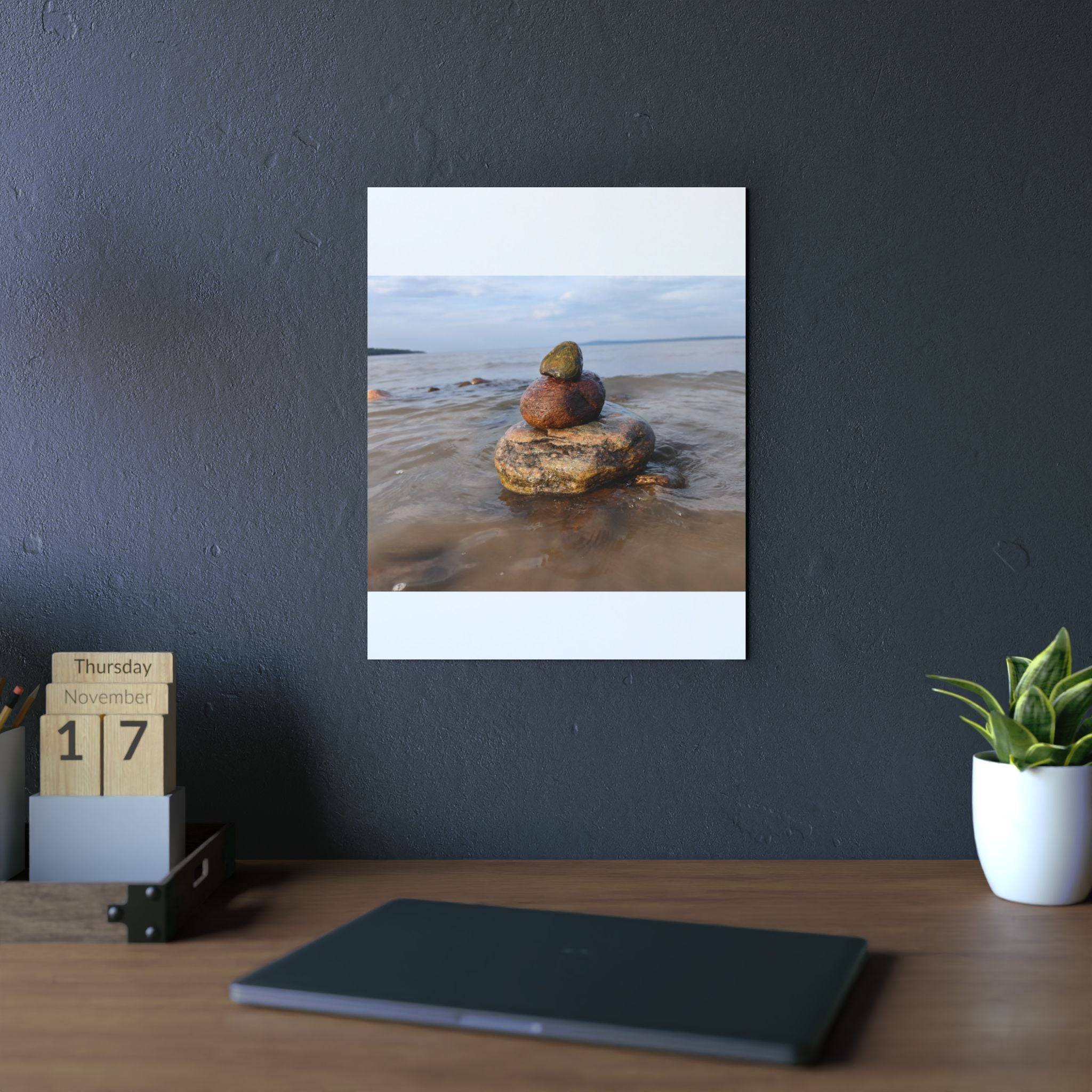 Stacked Beach Rocks Aluminum Panel Wall Art — Serene Coastal Zen Photo Print