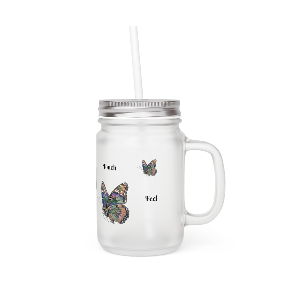 Butterfly Mason Jar Tumbler – Frosted Glass Jar with Colorful Butterfly Design