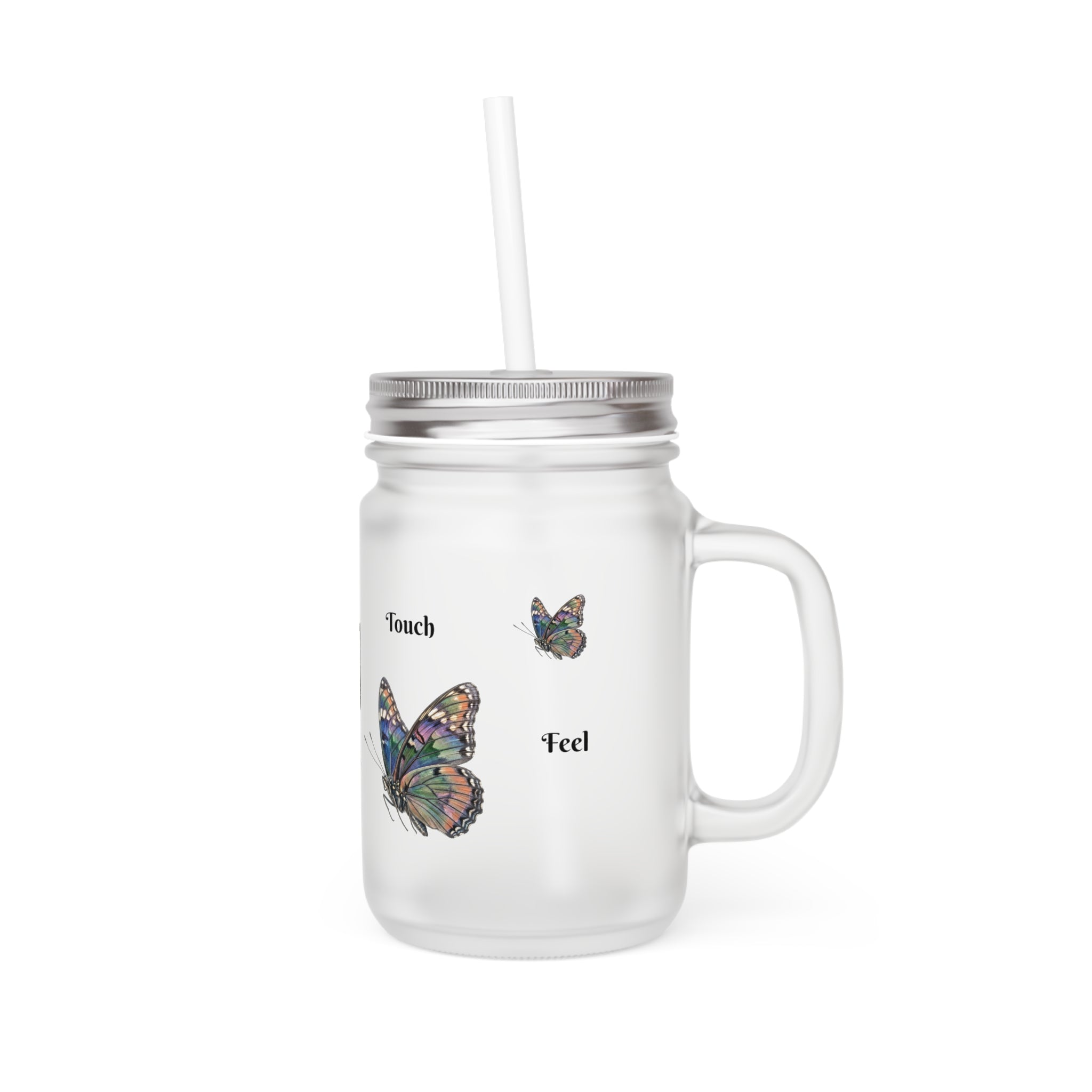 Butterfly Mason Jar Tumbler – Frosted Glass Jar with Colorful Butterfly Design