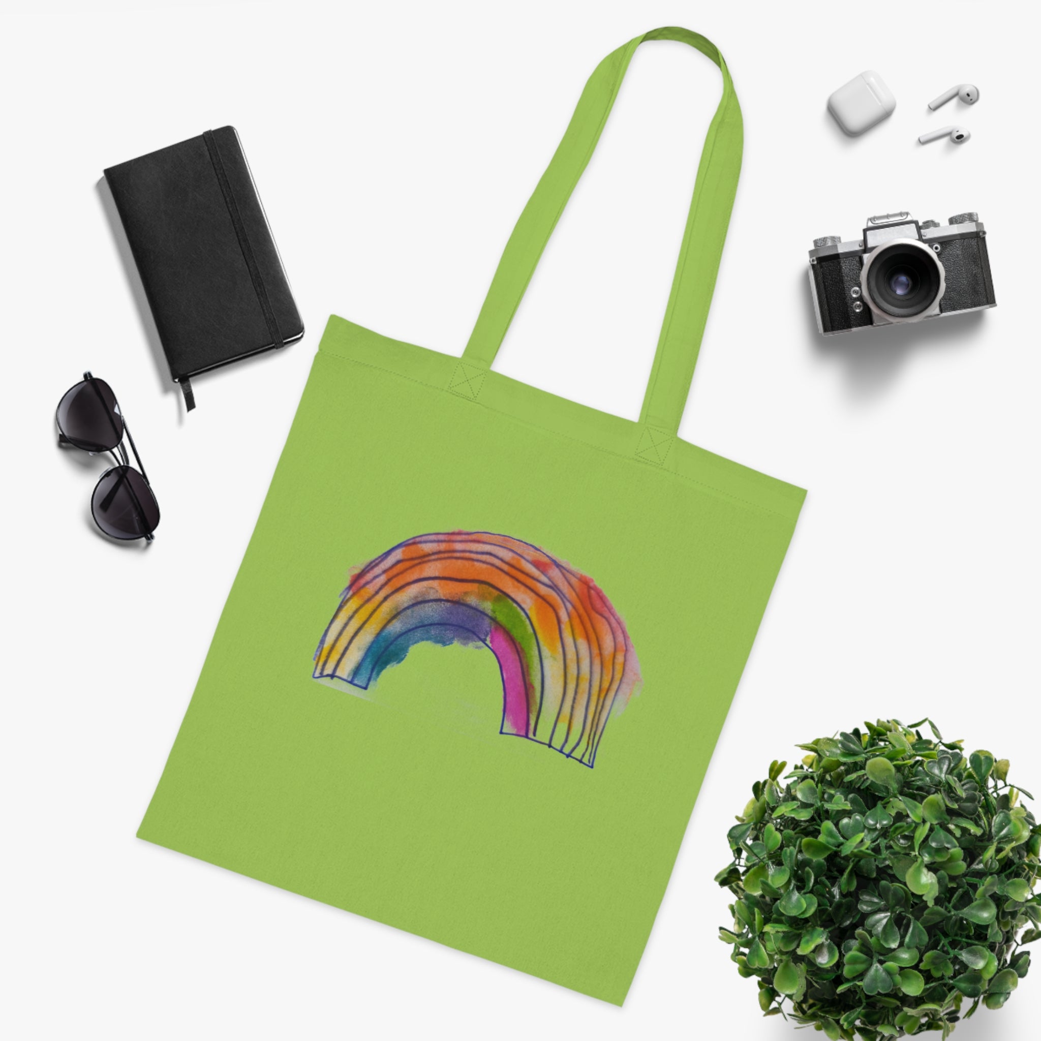 Watercolor Rainbow Cotton Tote Bag — Colorful Hand-Painted Grocery & Everyday Market Tote