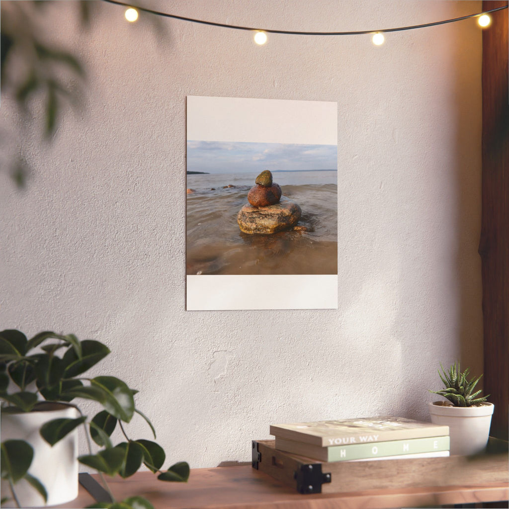 Stacked Beach Rocks Aluminum Panel Wall Art — Serene Coastal Zen Photo Print