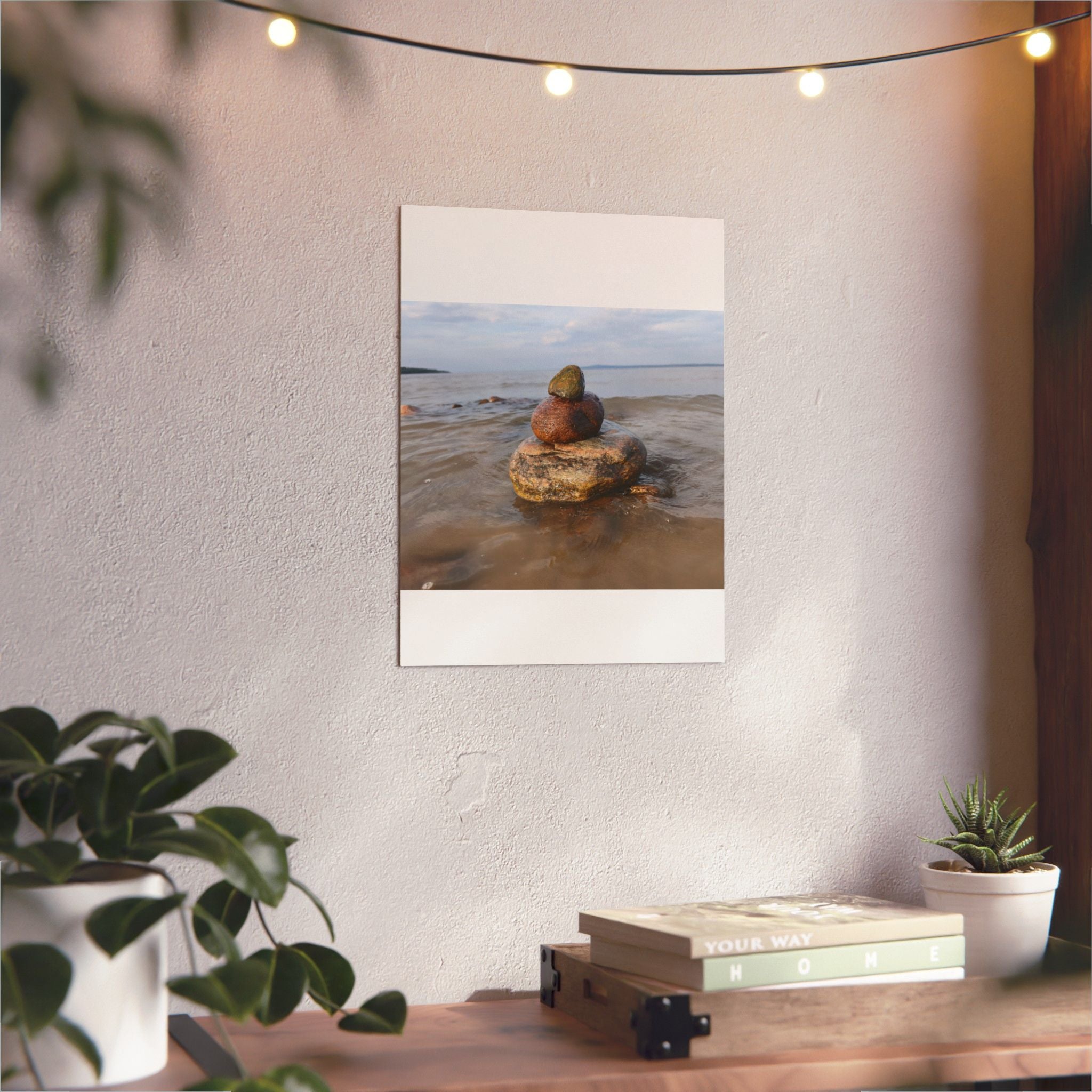 Stacked Beach Rocks Aluminum Panel Wall Art — Serene Coastal Zen Photo Print