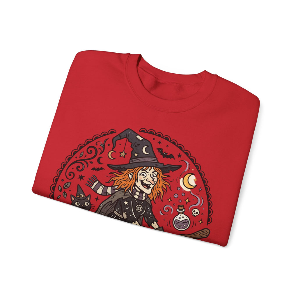 Witch & Black Cat Crewneck Sweatshirt — Halloween Witch Broom Graphic