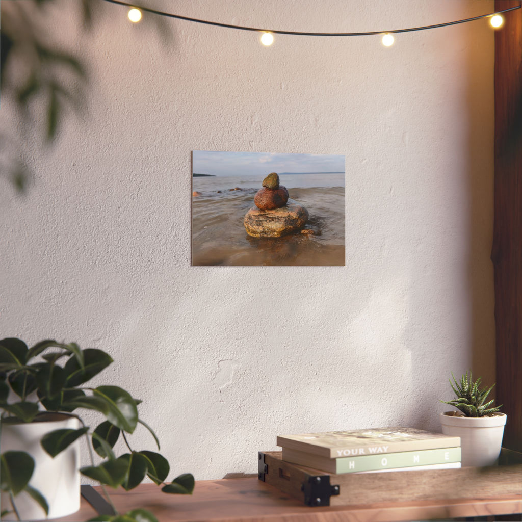 Stacked Beach Rocks Aluminum Panel Wall Art — Serene Coastal Zen Photo Print
