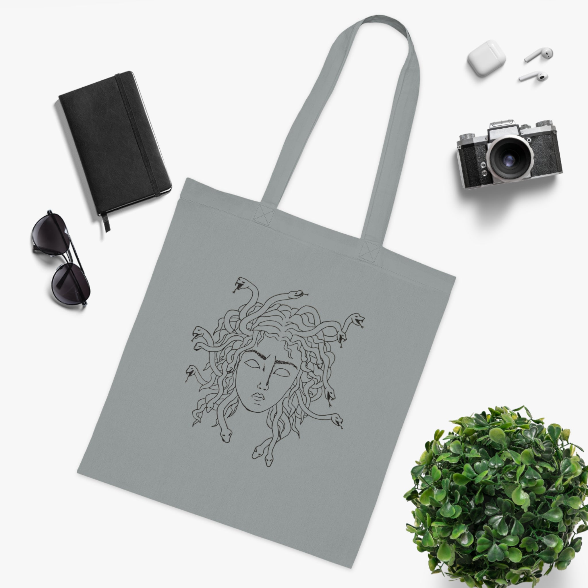 Medusa Line Art Cotton Tote Bag – Mythical Greek Goddess Illustration