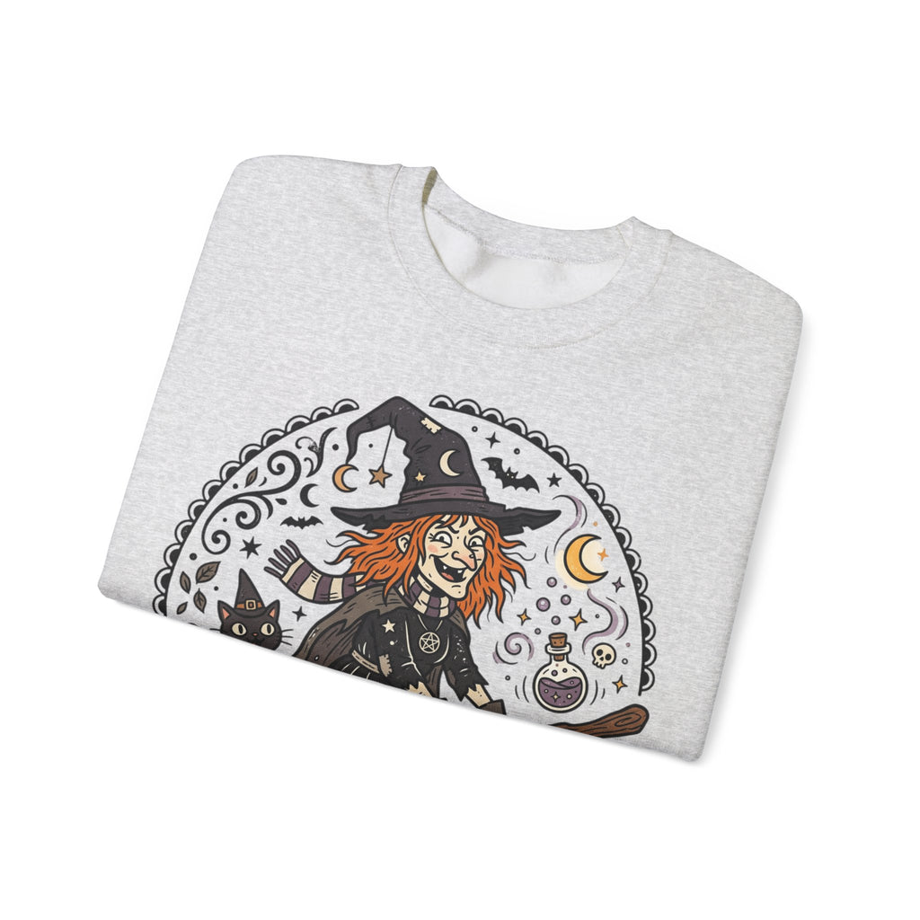 Witch & Black Cat Crewneck Sweatshirt — Halloween Witch Broom Graphic