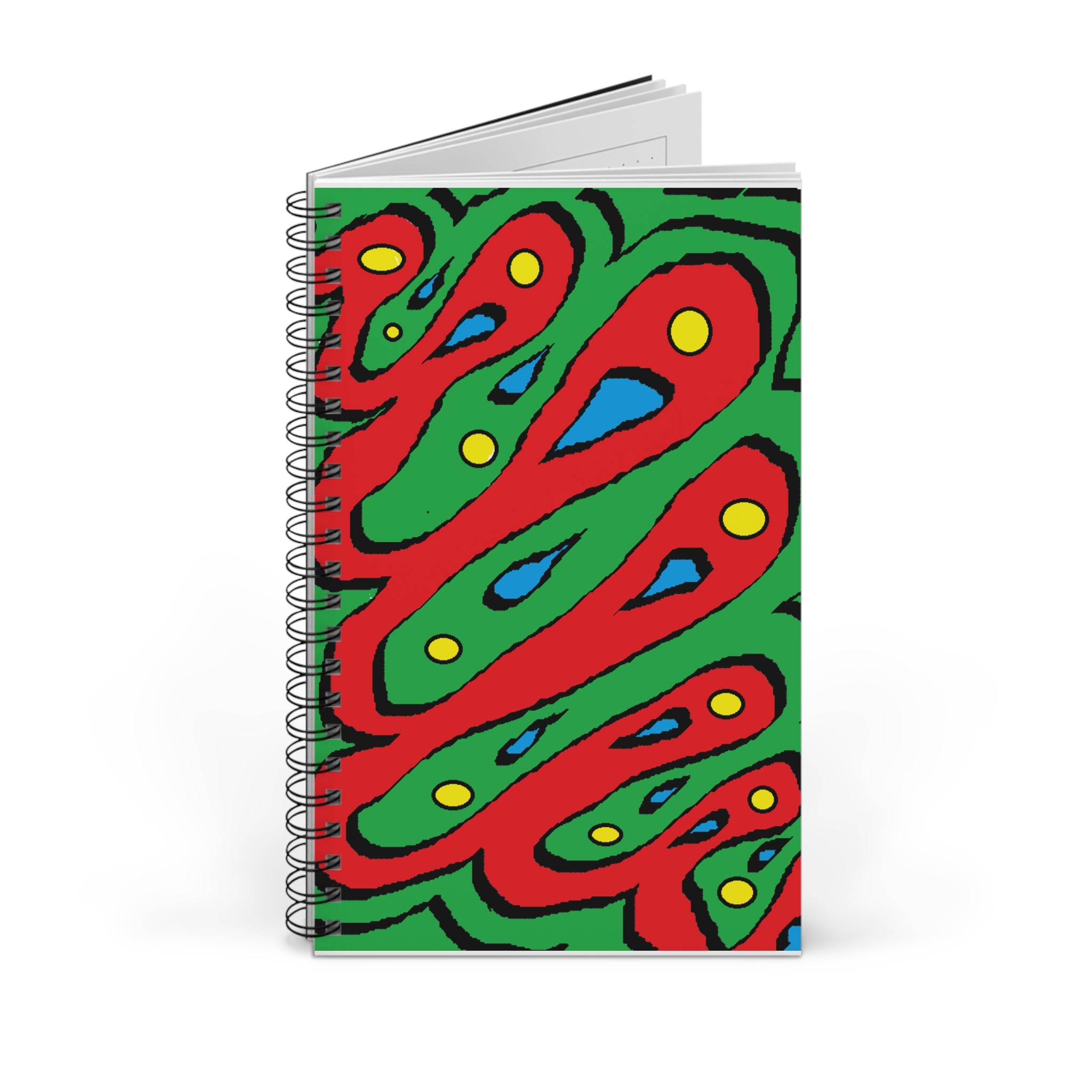 Abstract Colorful Spiral Journal — Bold Red & Green Patterned Notebook