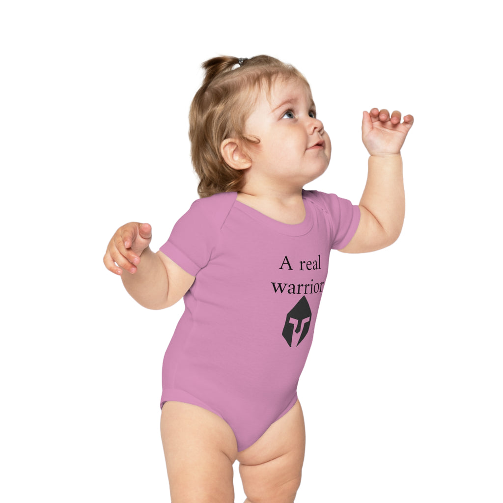 Baby Bodysuit “A Real Warrior” – Infant Onesie with Spartan Helmet Design
