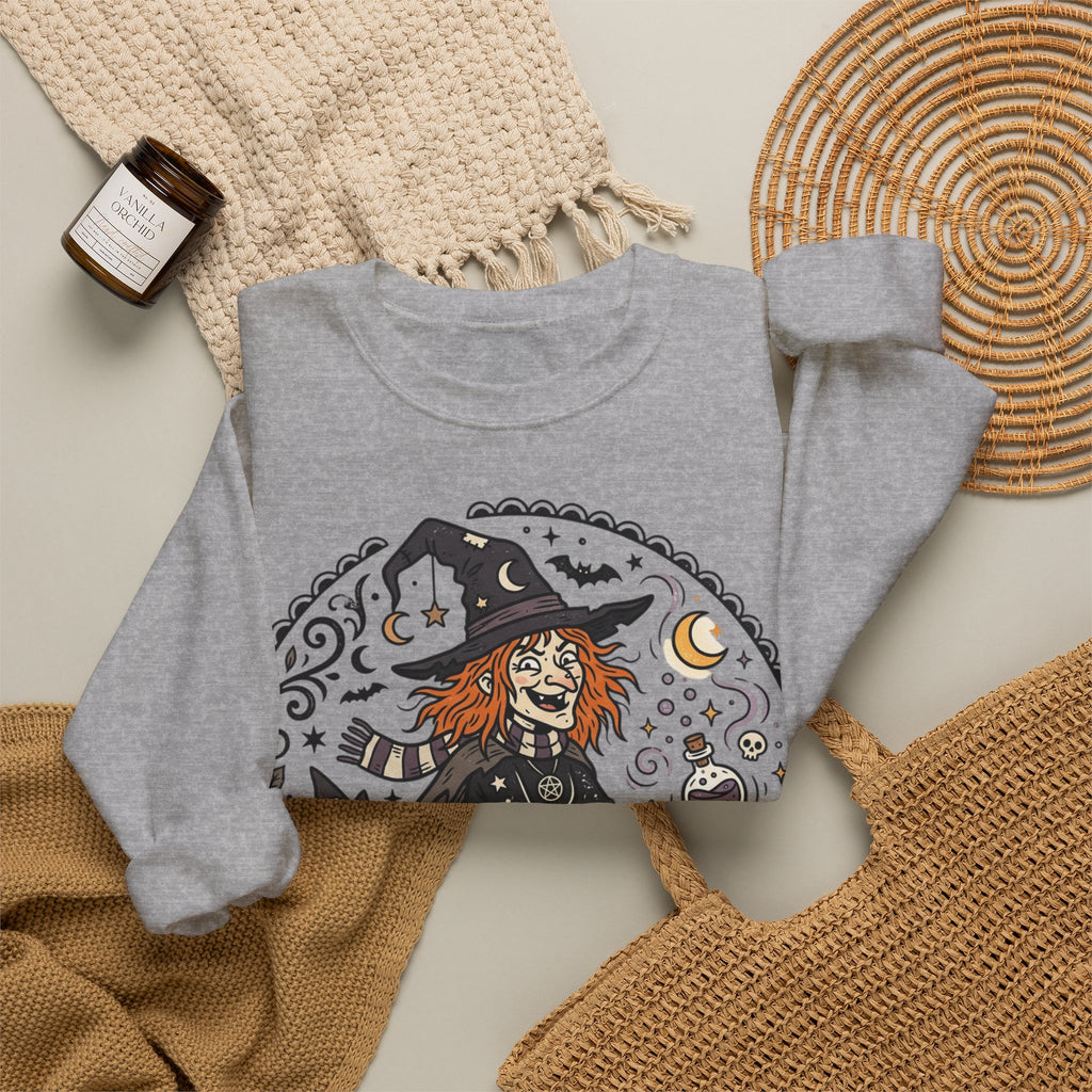 Witch & Black Cat Crewneck Sweatshirt — Halloween Witch Broom Graphic