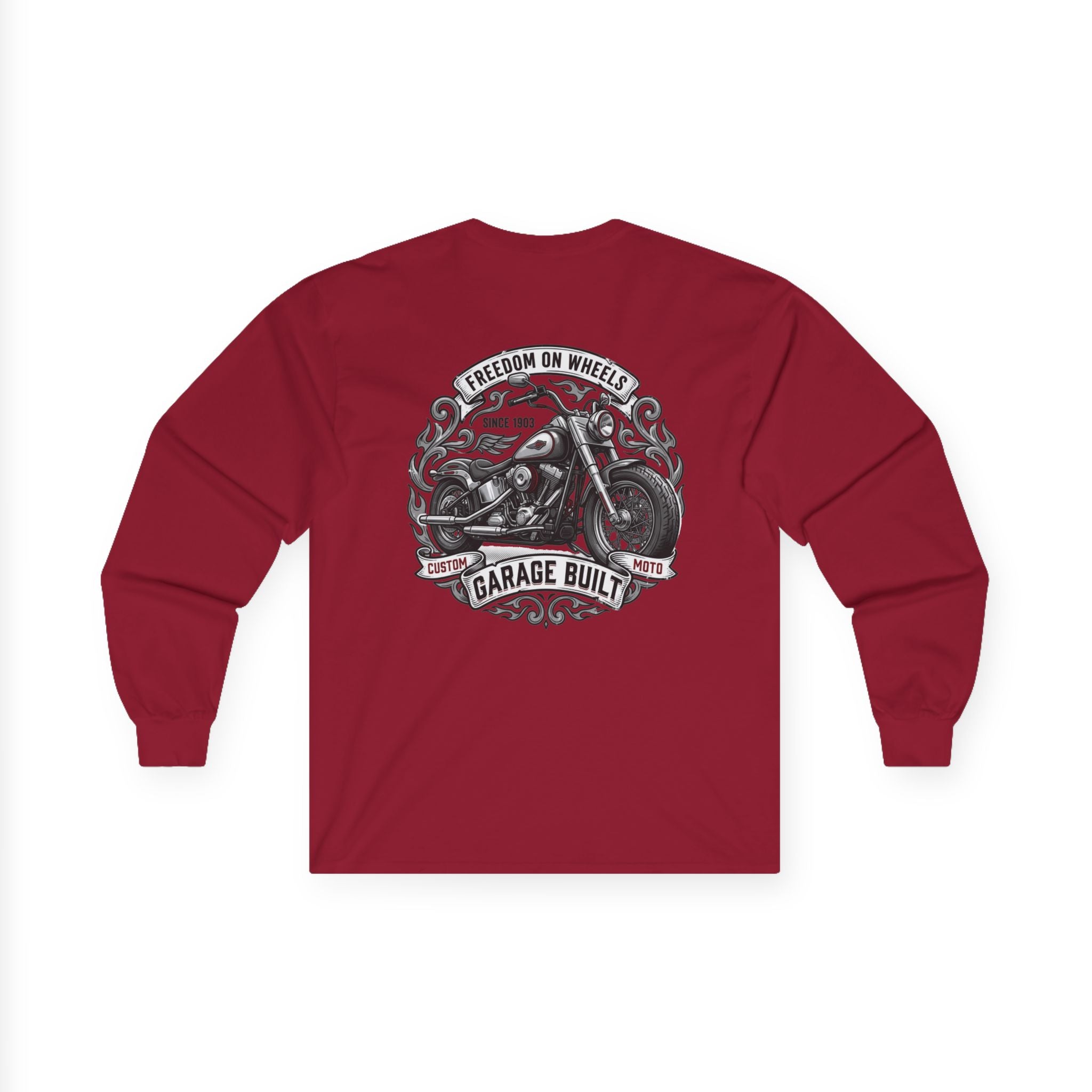 Motorcycle Garage Long Sleeve Tee — “Freedom on Wheels” Biker Shirt