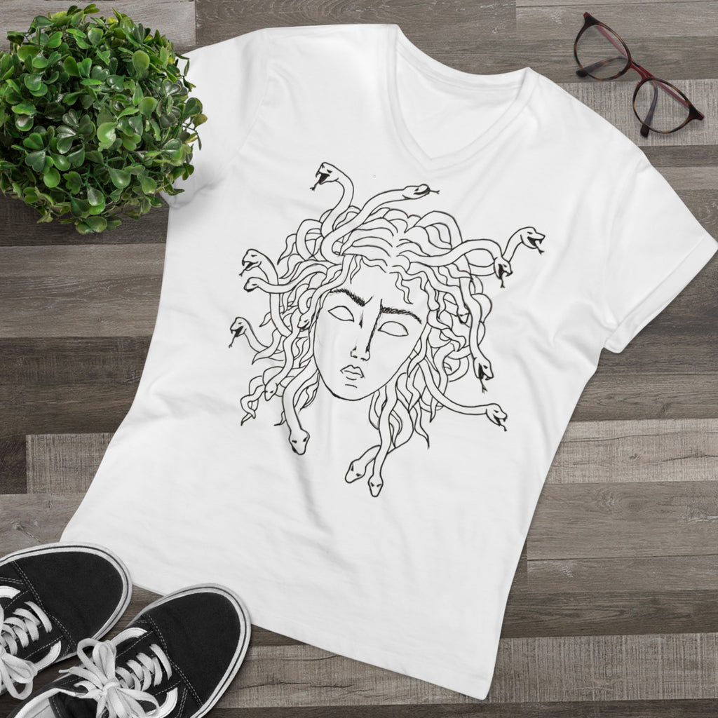 Medusa Line Art V-Neck Men’s Tee — Mythical Snake Hair Graphic Shirt