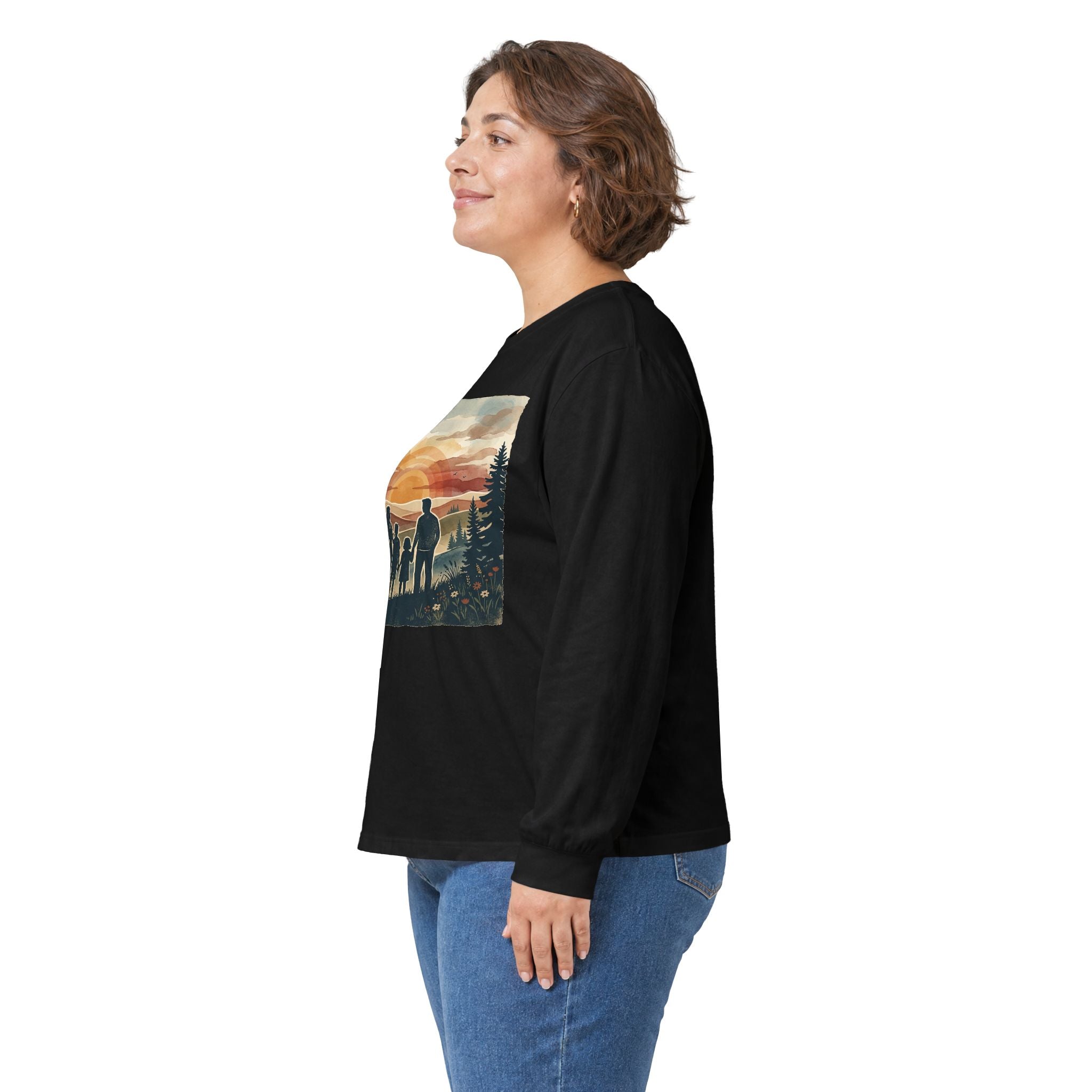 Family Camping Sunset Long Sleeve Tee — Silhouette Outdoor Graphic Shirt