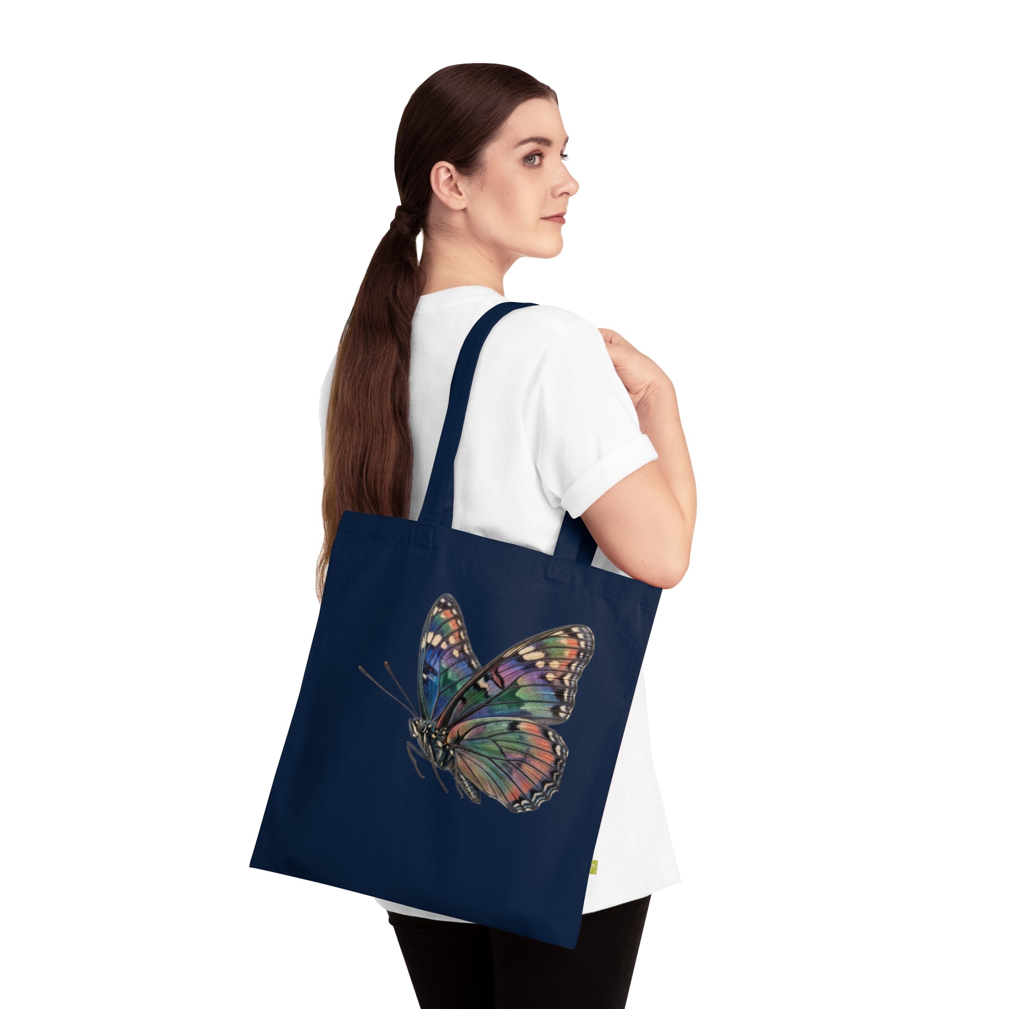 Navy Organic Tote Bag with Watercolor Rainbow Butterfly — Eco-Friendly Market & Gift Tote