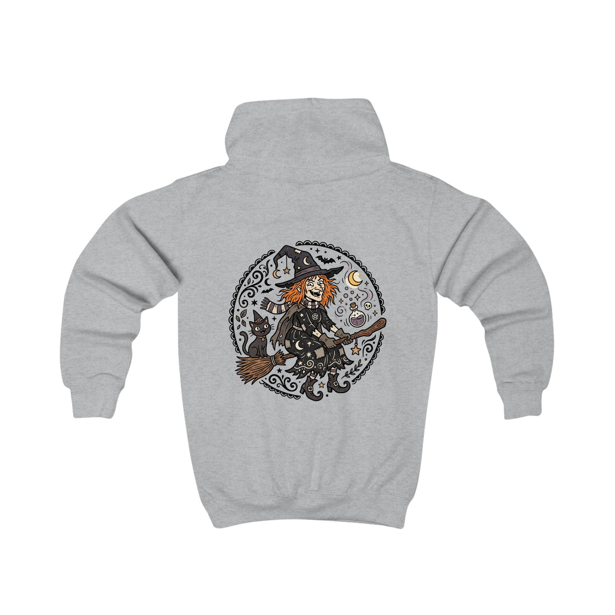 Kids Hoodie - Whimsical Witch & Cat Halloween Pullover