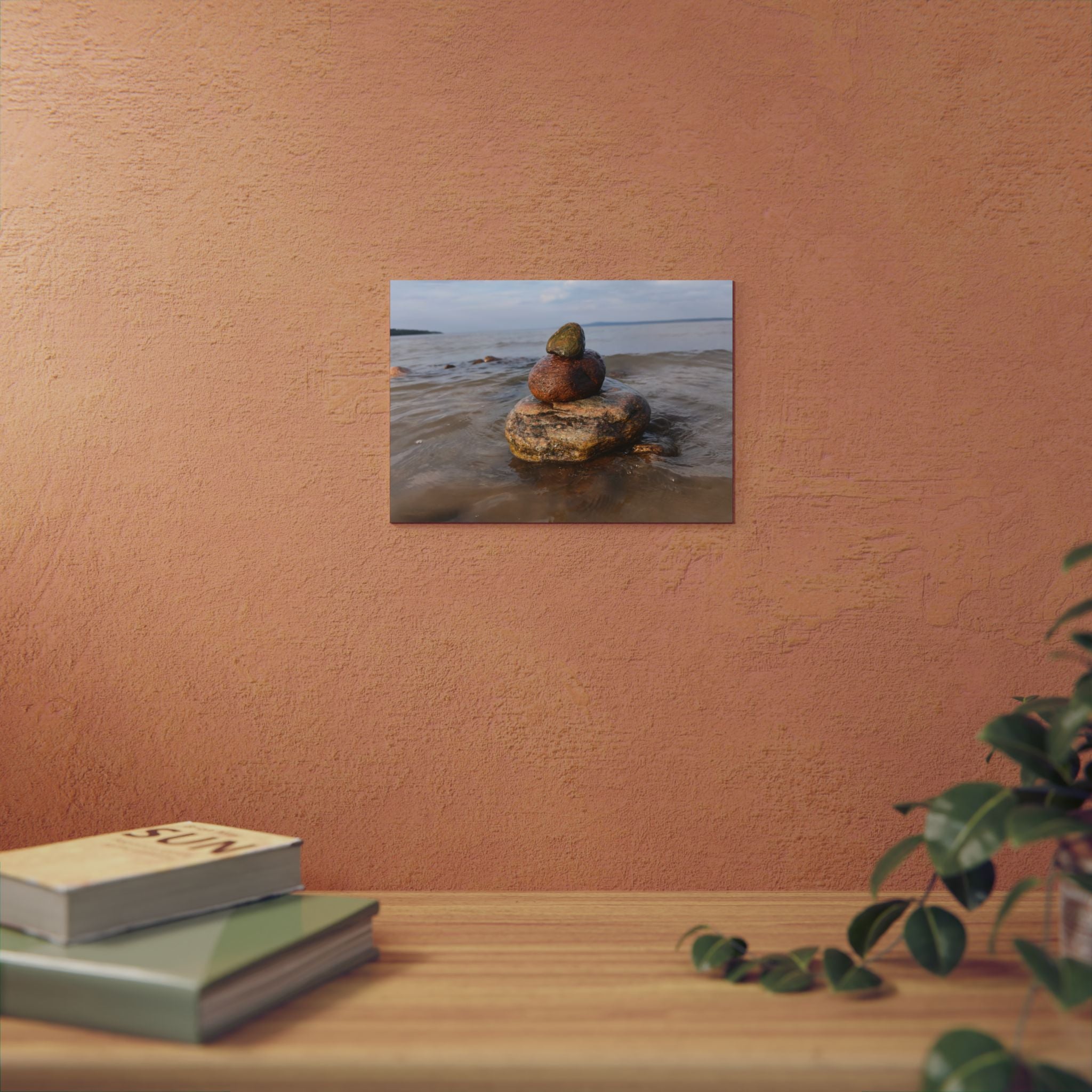 Stacked Beach Rocks Aluminum Panel Wall Art — Serene Coastal Zen Photo Print